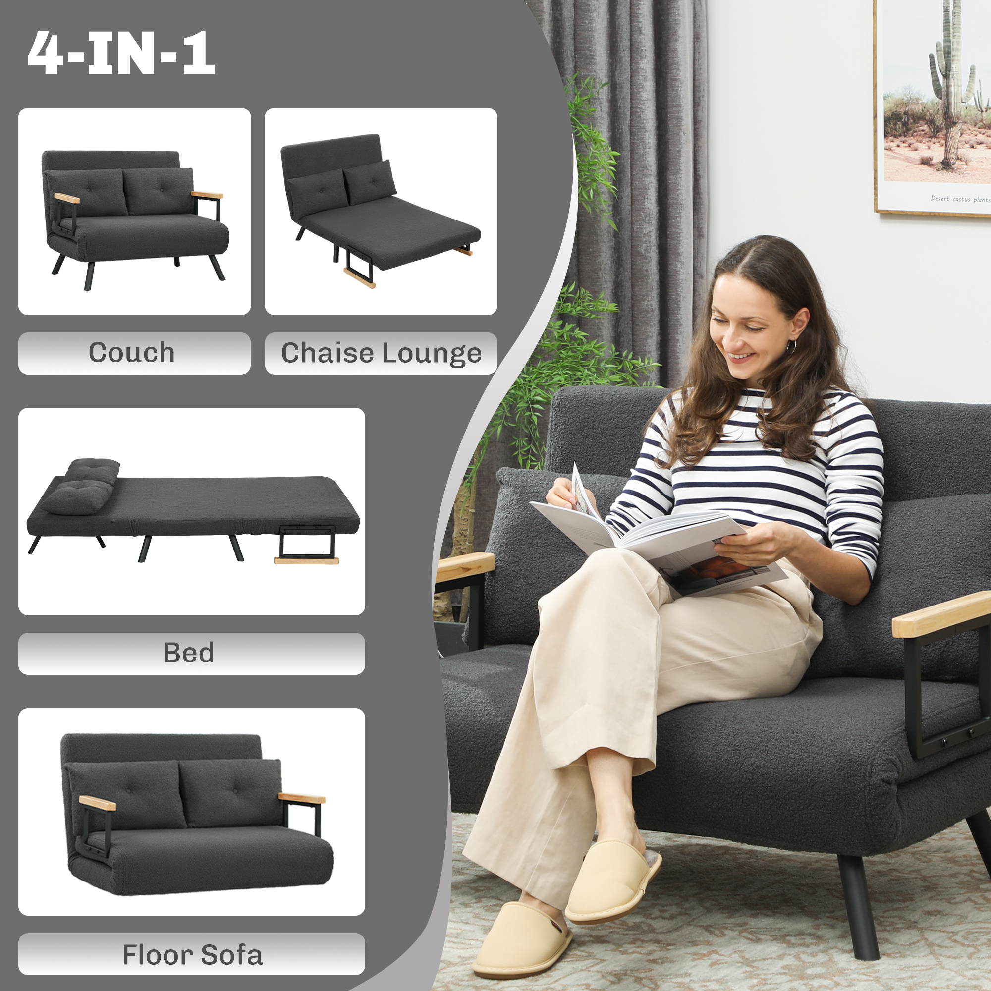 Sofa-lova su 5 padėčių reguliuojamu atlošu, tamsiai pilkas, 102 × 73 × 81 cm 3