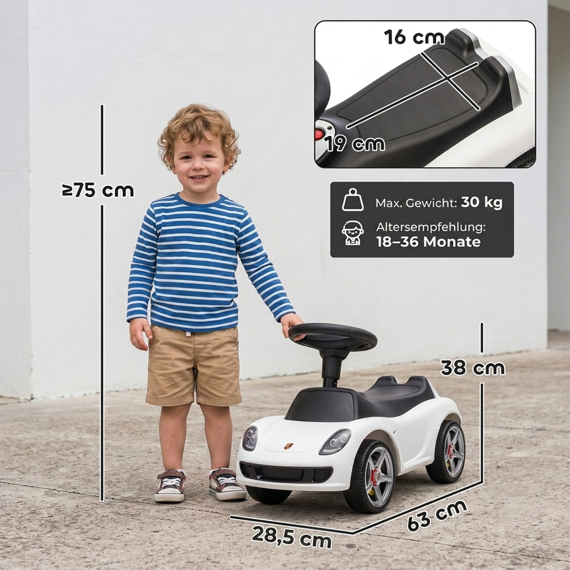 Paspiriama mašinėlė su „Porsche“ licencija ir šviesomis, balta, 63 x 28,5 x 38 cm 2