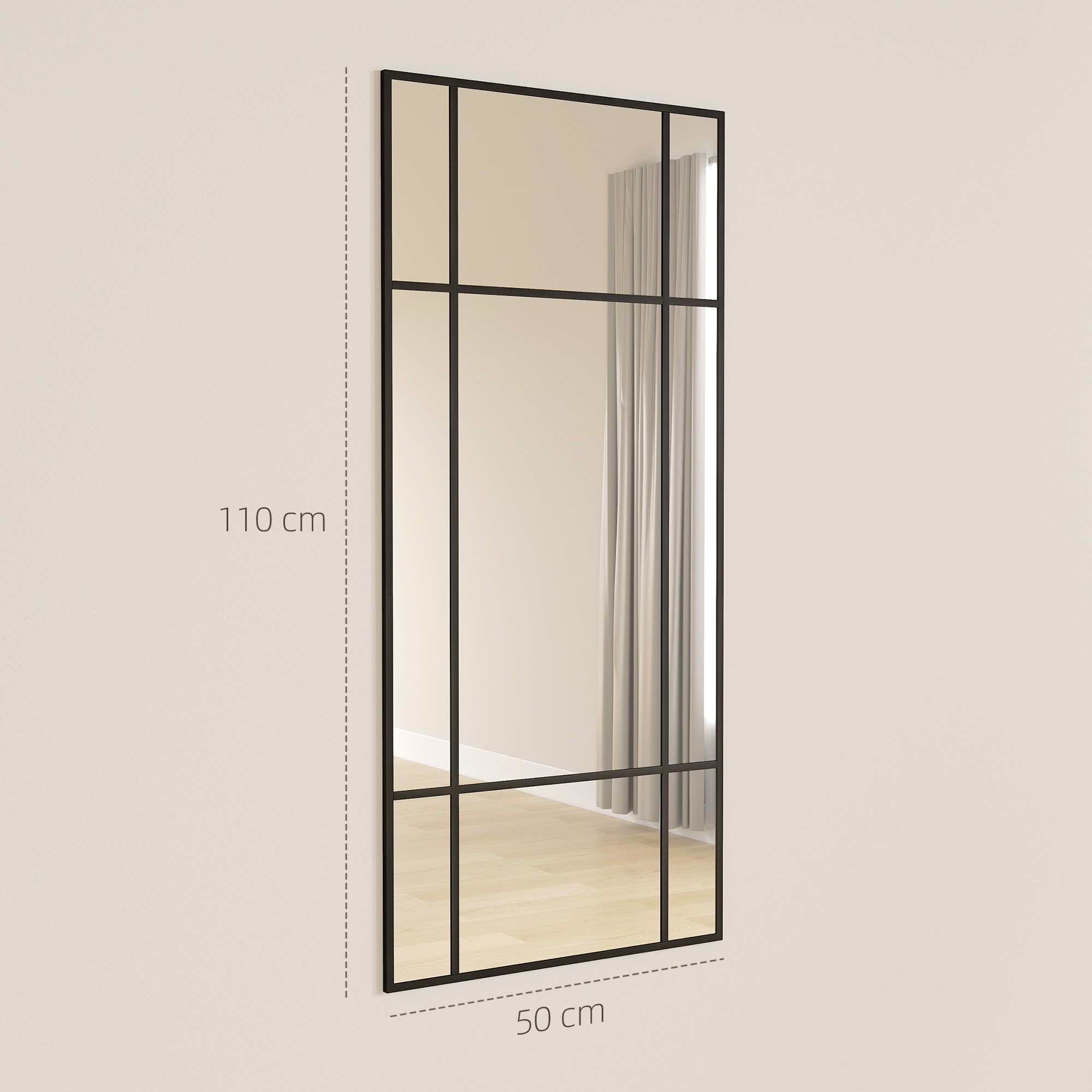Sieninis veidrodis su metaliniu rėmu, juodas, 50 x 2 x 110 cm 2