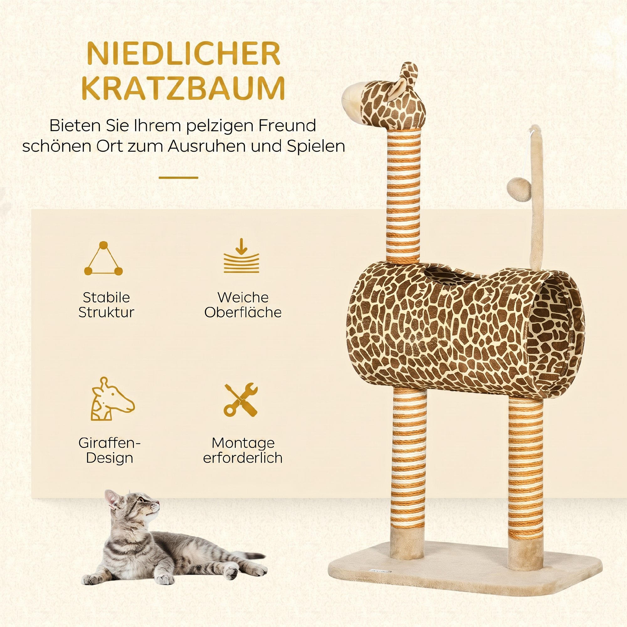 Kačių draskyklė žirafos dizaino su tuneliu, smėlio spalvos, 101 cm 3