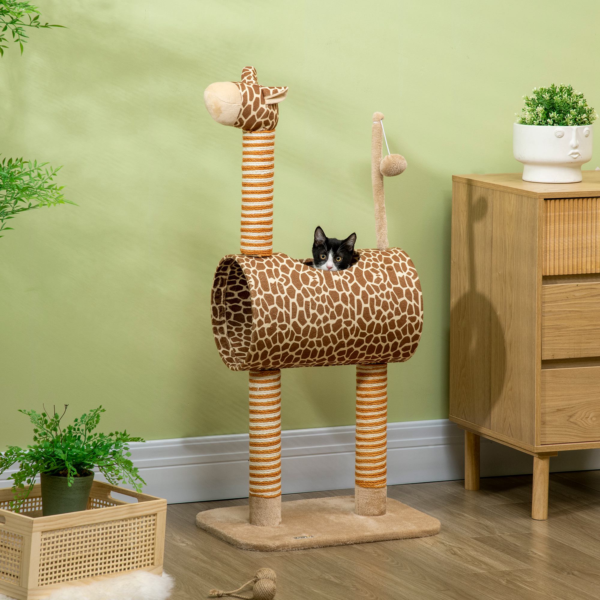 Kačių draskyklė žirafos dizaino su tuneliu, smėlio spalvos, 101 cm