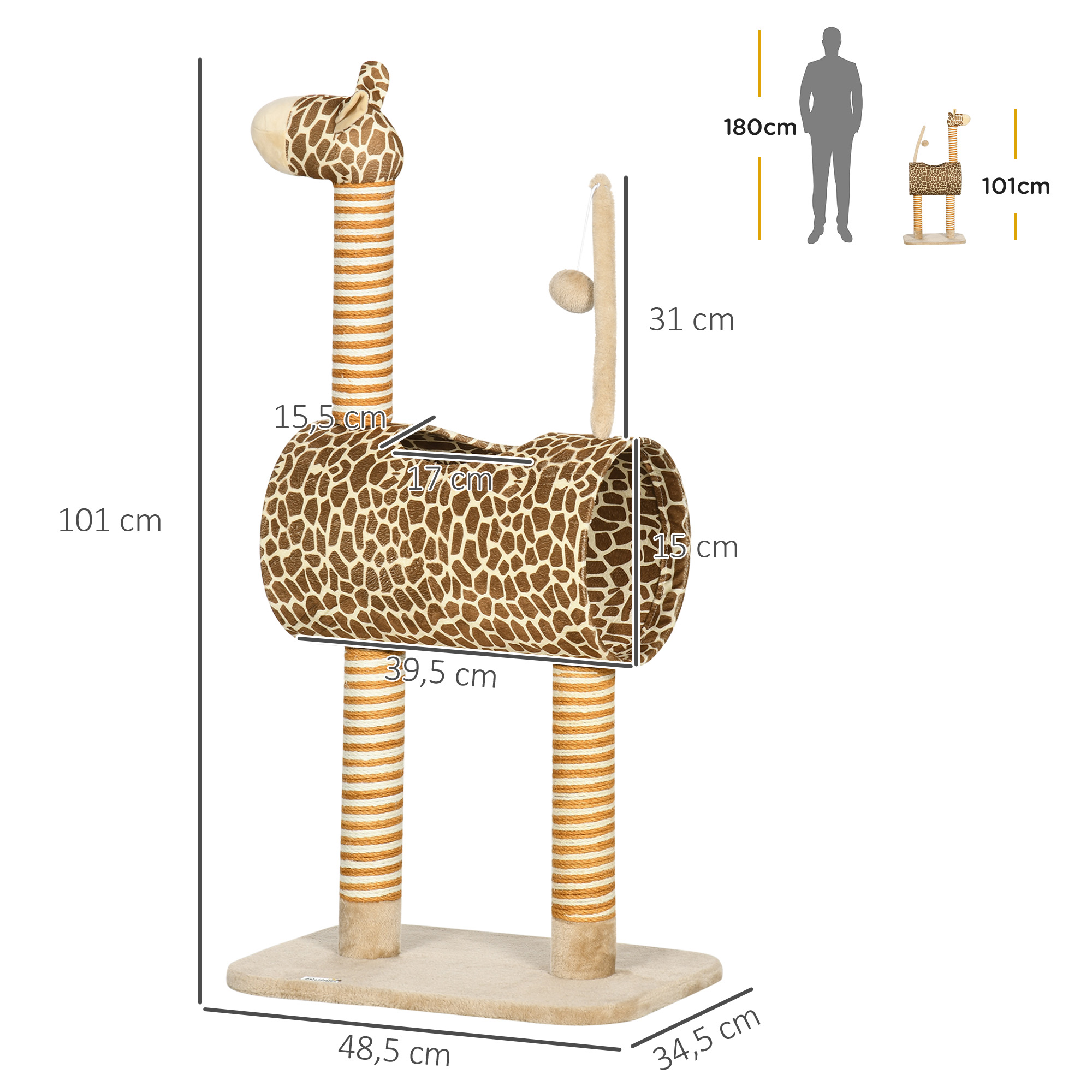 Kačių draskyklė žirafos dizaino su tuneliu, smėlio spalvos, 101 cm 2