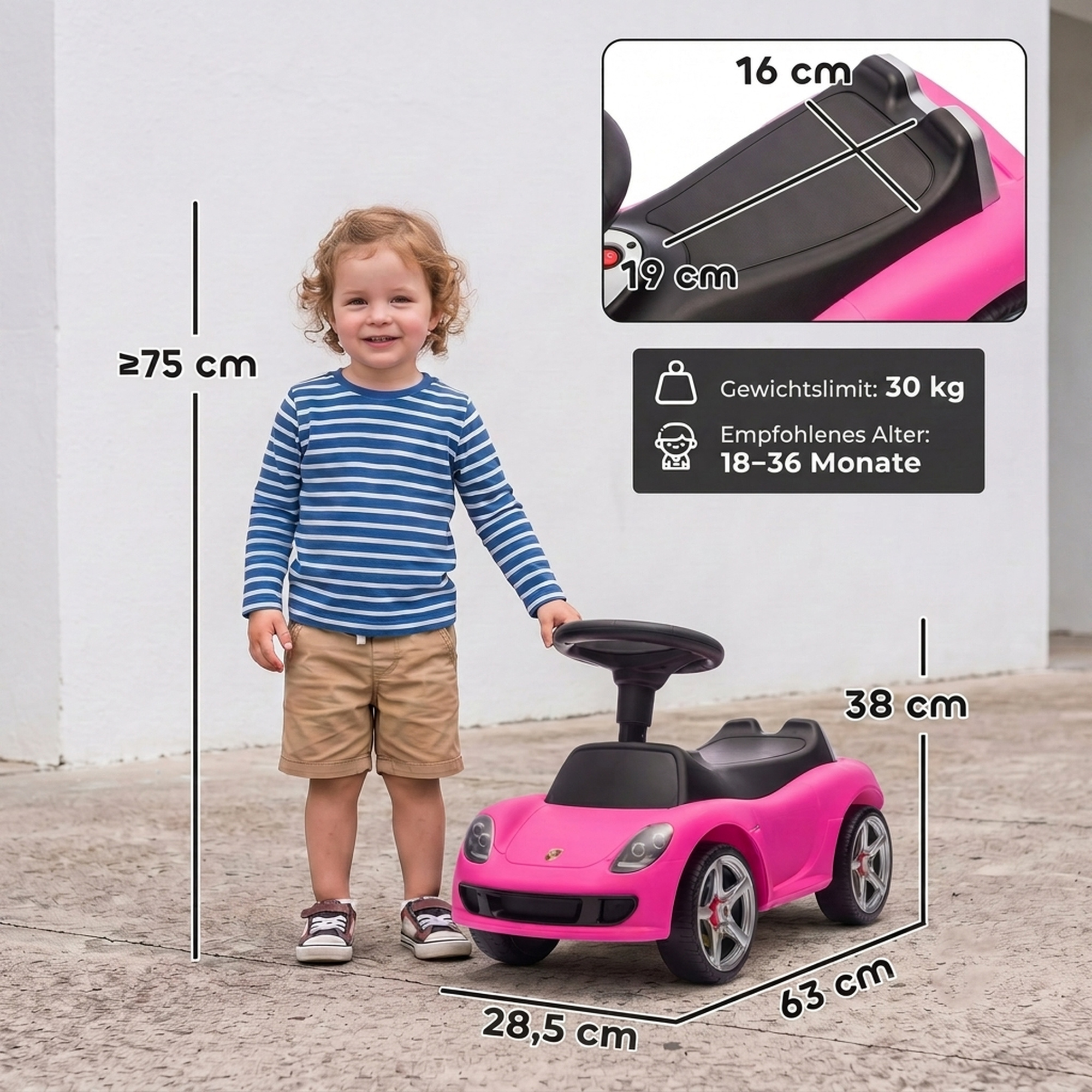 Paspiriama mašinėlė su licencijuotu „Porsche“ dizainu ir šviesos bei garso funkcijomis, rožinė, 63 x 28,5 x 38 cm 2