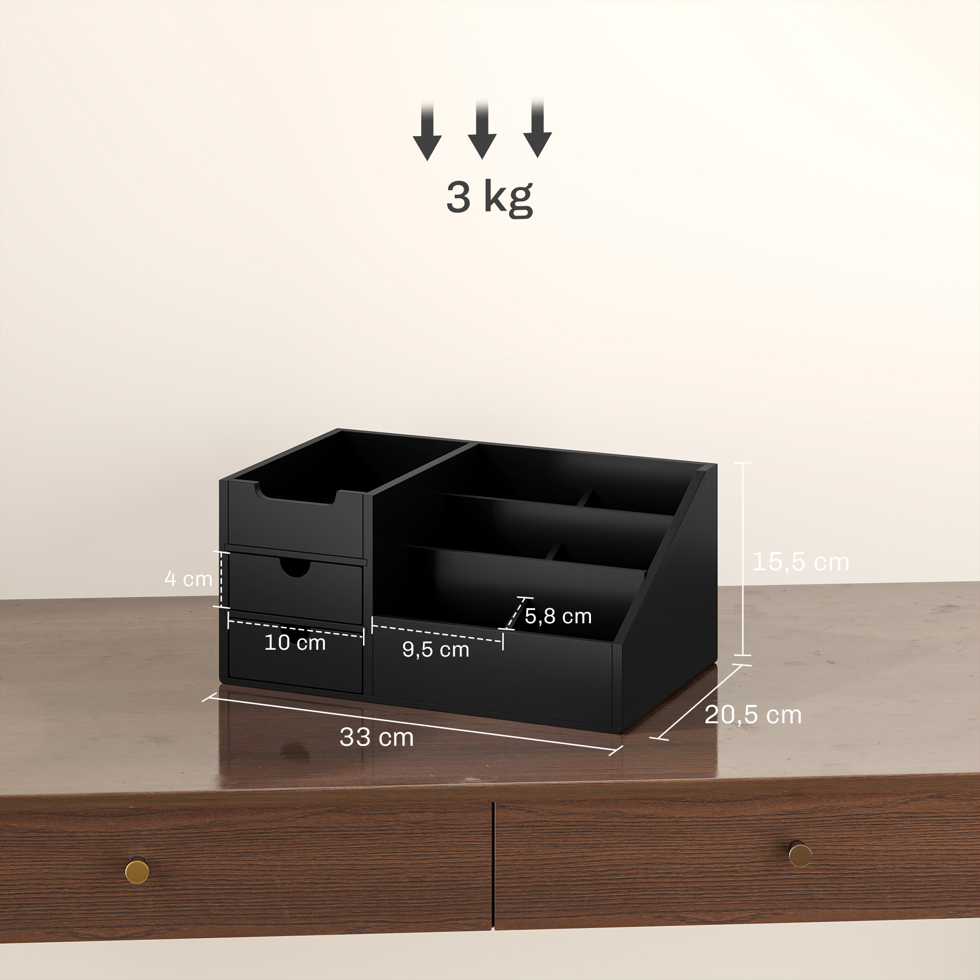 Stalo reikmenų dėklas su 2 stalčiais ir 7 skyriais, juodas, 33 × 20,5 × 15,5 cm 2