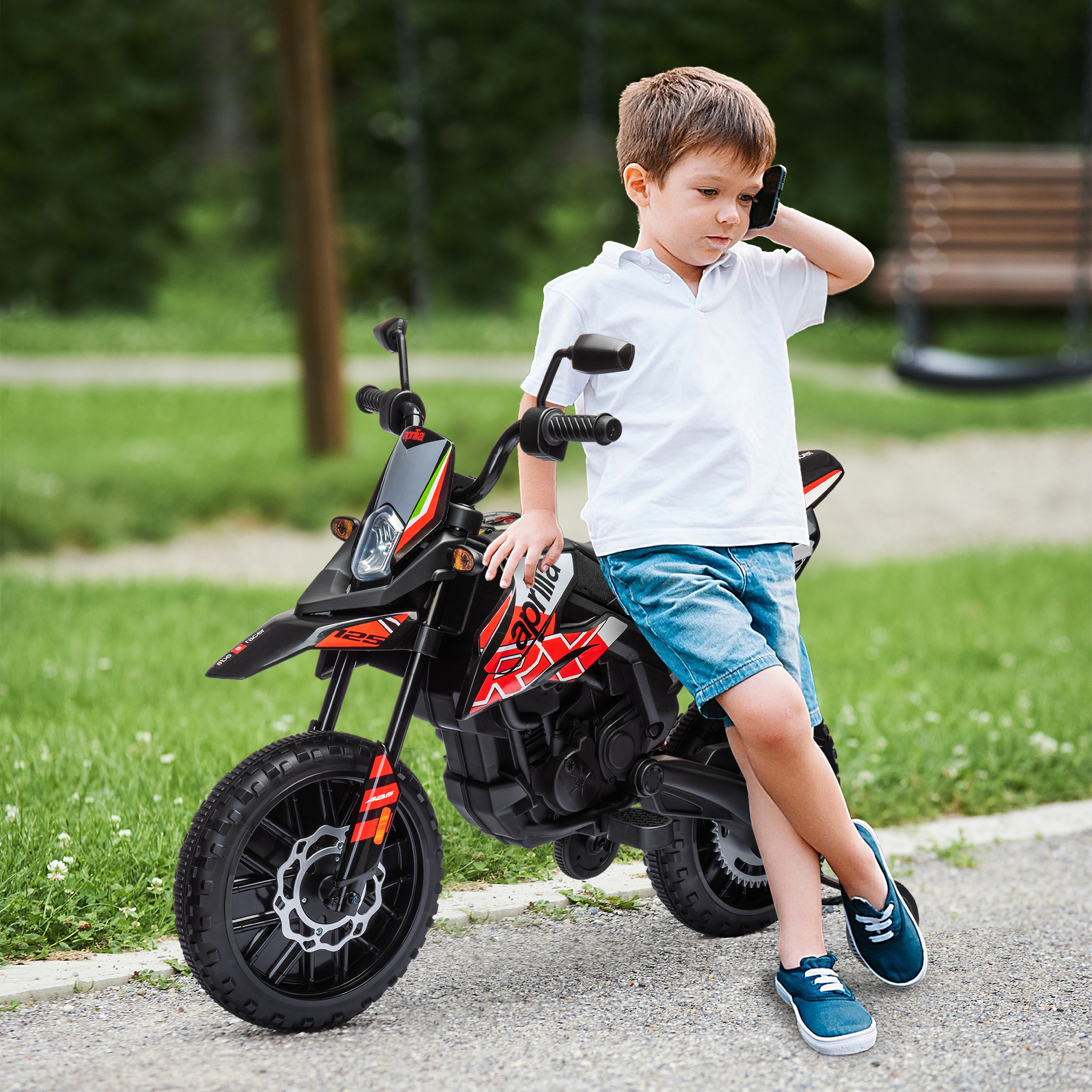 Aprilia licencēts bērnu elektromotocikls ar 2 motoriem, sarkans, 106,5 × 56 × 80 cm