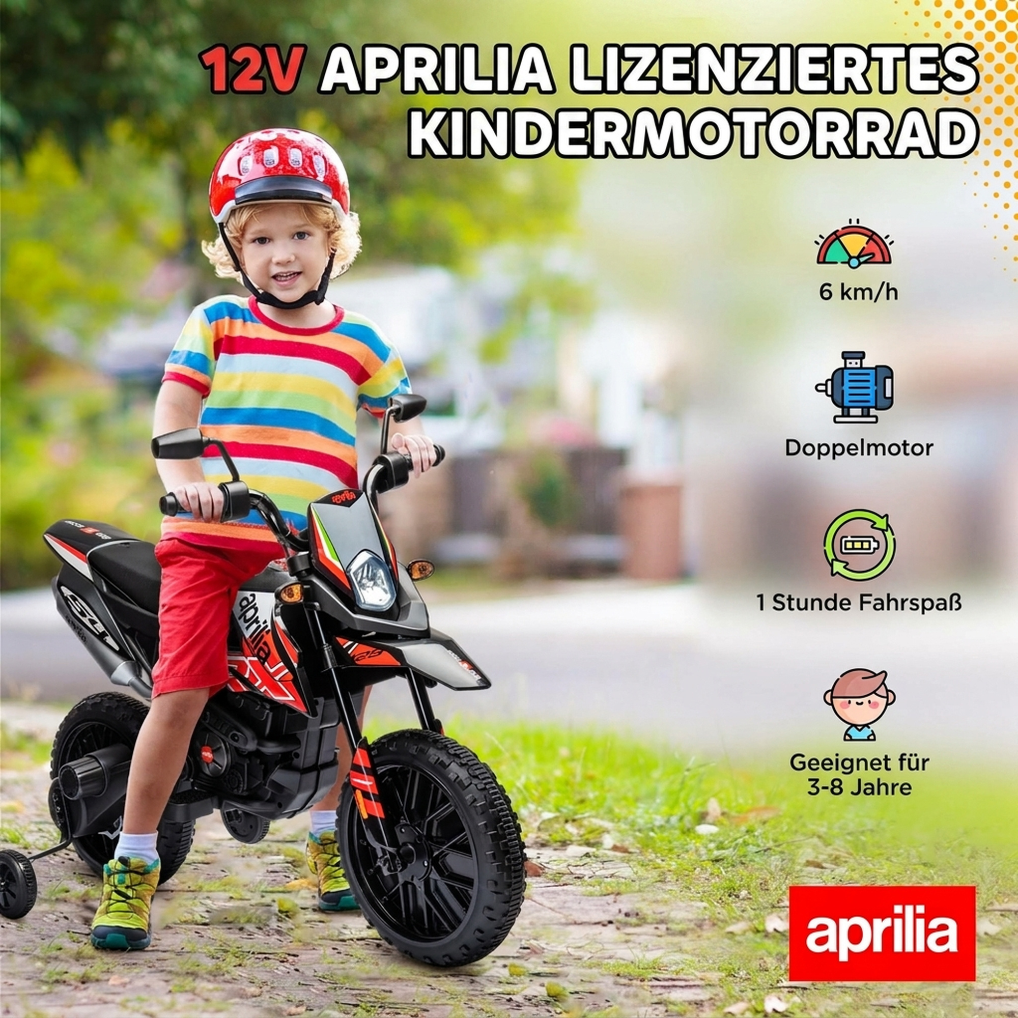 Aprilia licencēts bērnu elektromotocikls ar 2 motoriem, sarkans, 106,5 × 56 × 80 cm 3