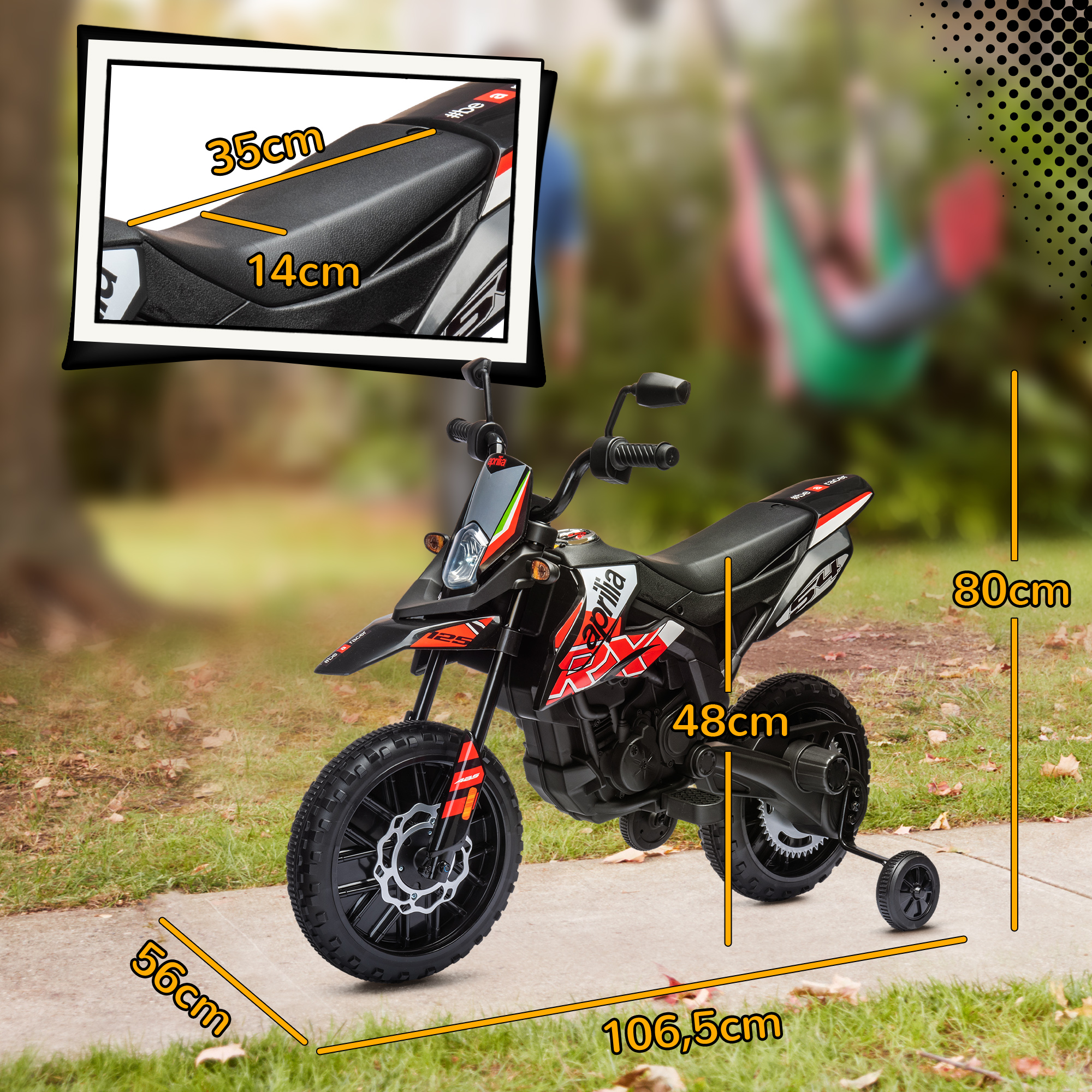 Aprilia licencēts bērnu elektromotocikls ar 2 motoriem, sarkans, 106,5 × 56 × 80 cm 2