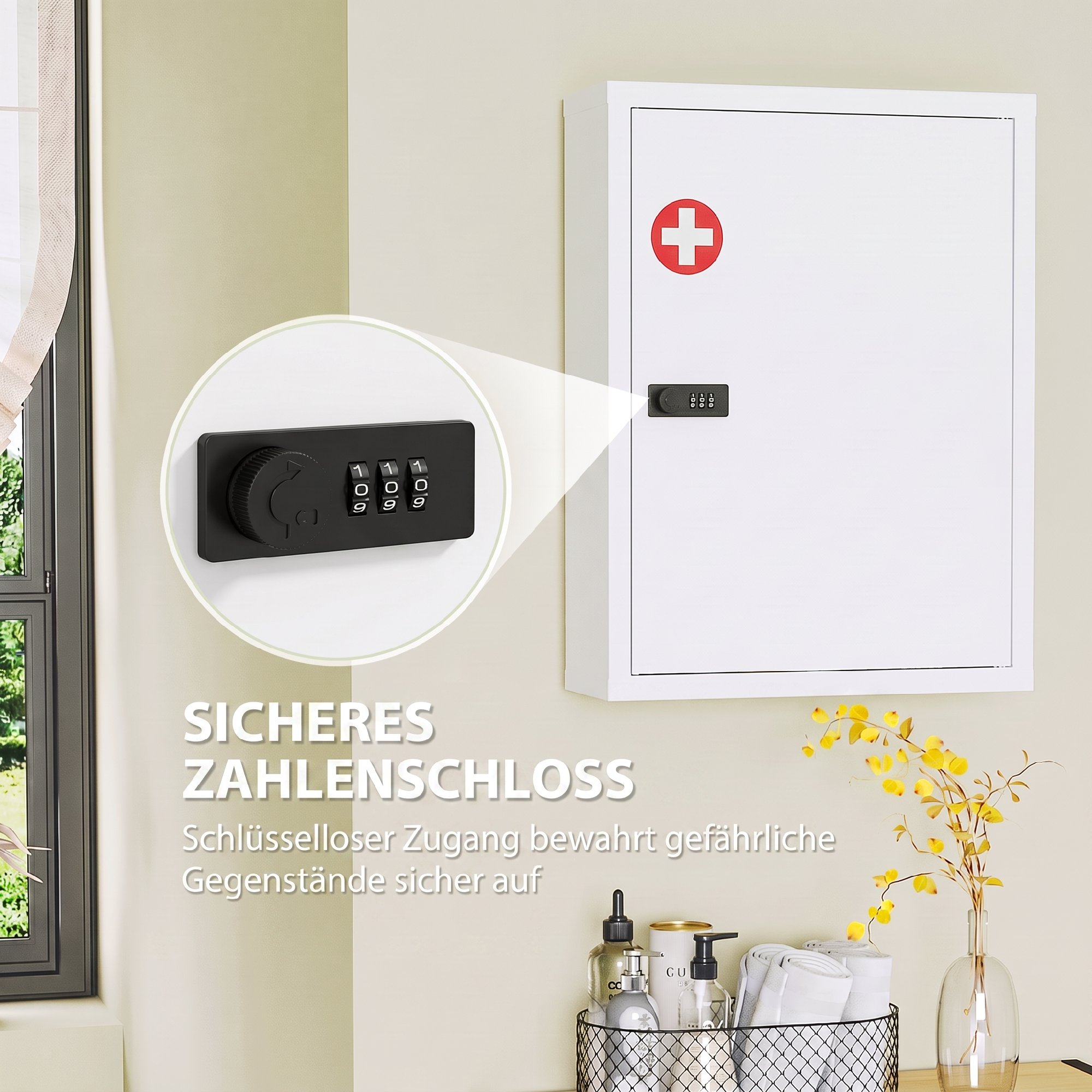 Vaistinėlės spintelė su kodine spyna, balta–raudona, 40 x 15 x 53,5 cm 3