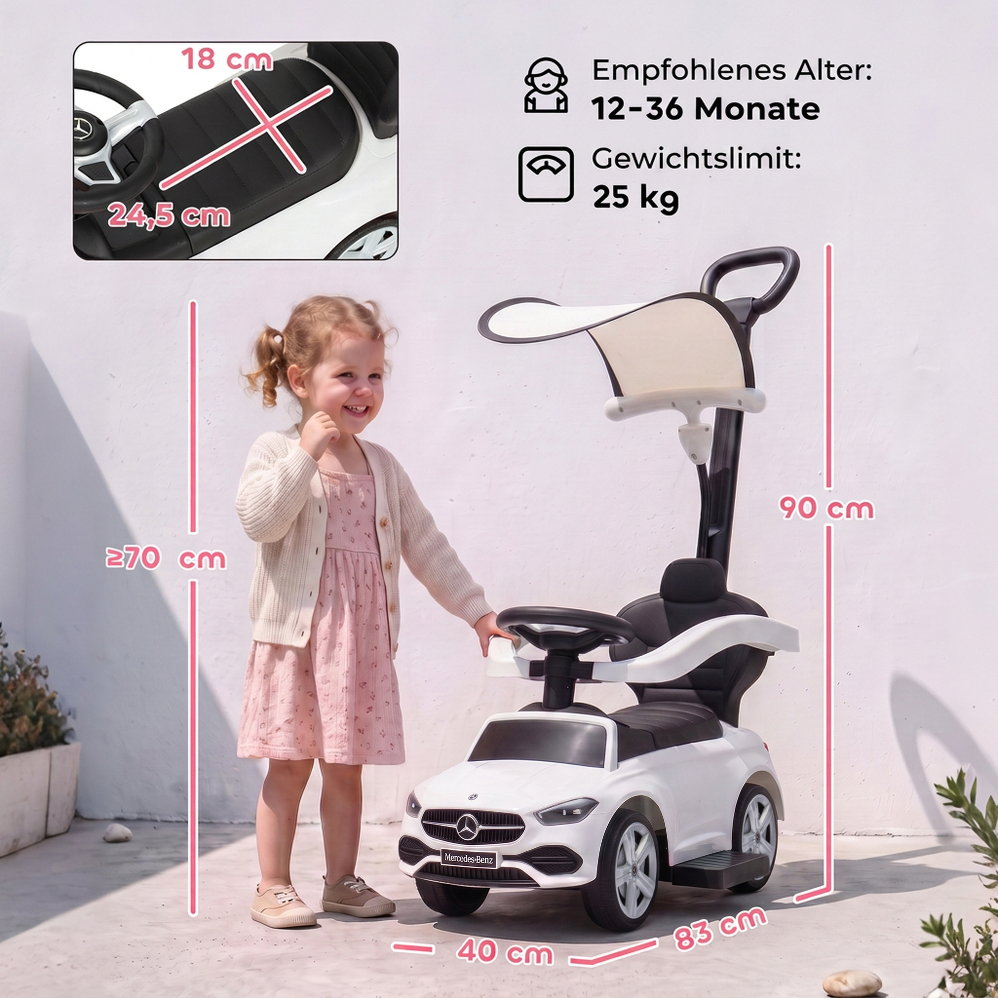 Paspiriama mašinėlė 3-in-1, licencijuota „Mercedes-Benz“, balta ir juoda, 83 x 40 x 90 cm 2
