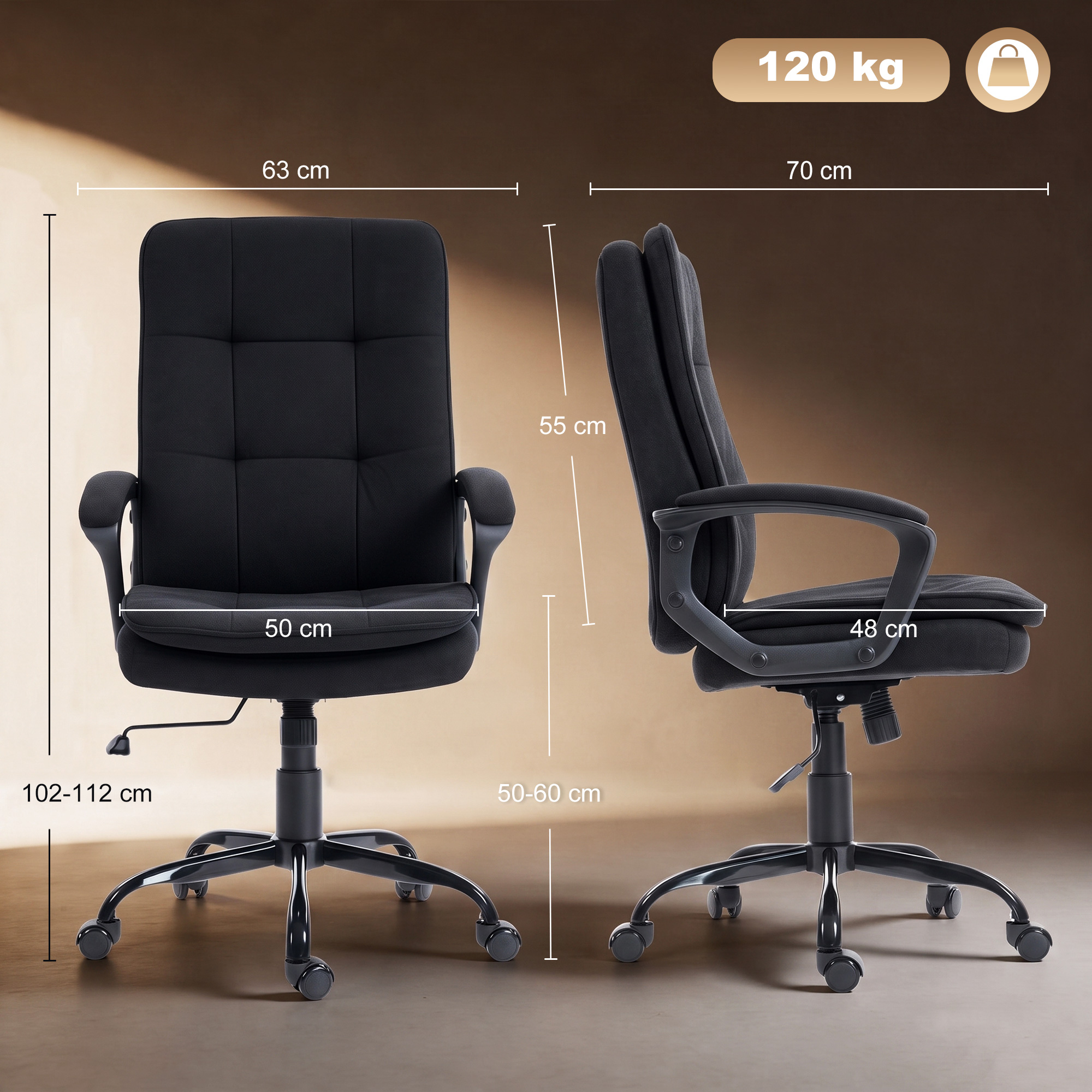 Biuro kėdė su dvigubu 12 cm paminkštinimu ir reguliuojamu aukščiu, juoda, 63 × 70 × 102–112 cm 2