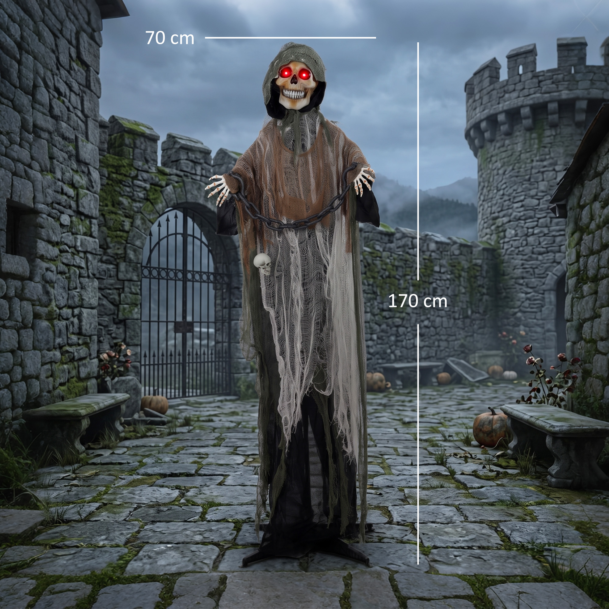Animuota Helovino dekoracija su judančia galva ir rankomis, juoda, balta ir ruda, 70 × 18 × 170 cm 2