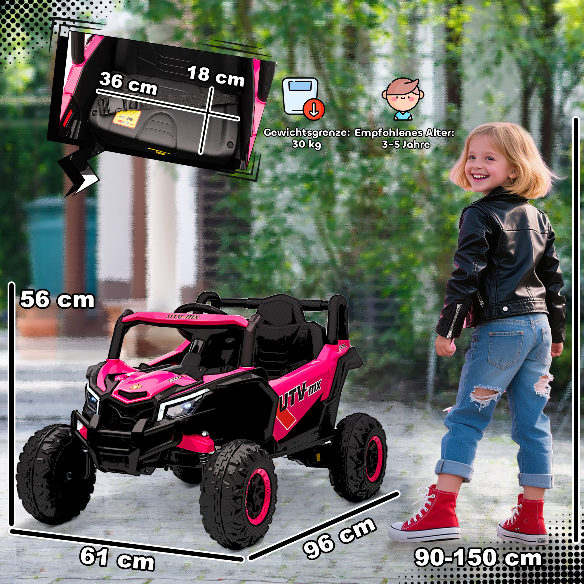 Vaikiškas elektromobilis su nuotolinio valdymo pultu ir 2 varikliais, rožinis, 96 × 61 × 56 cm 2