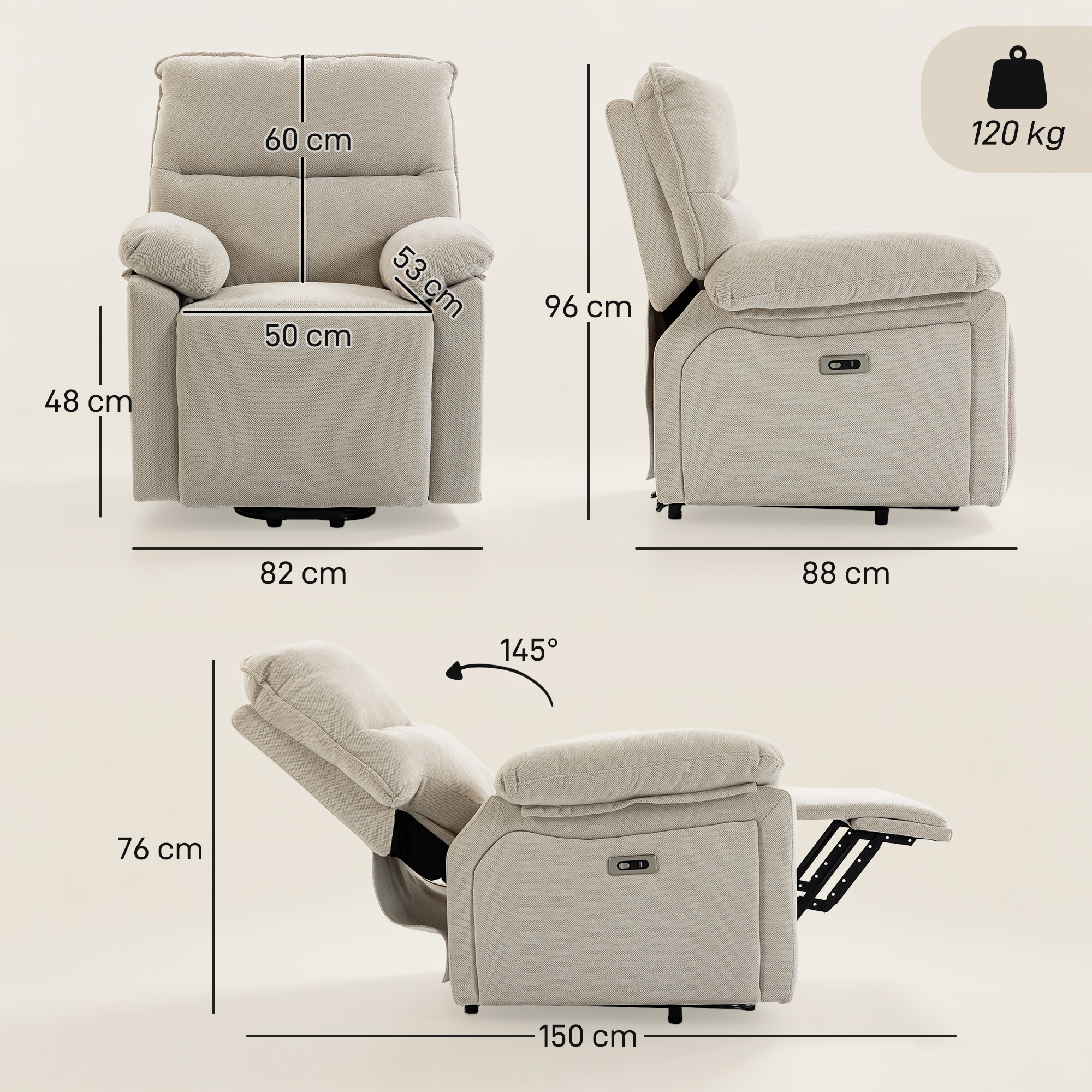 Elektrinis pakeliamas fotelis su masažu ir šildymu, kreminės baltos spalvos, 82 x 88 x 96 cm 2