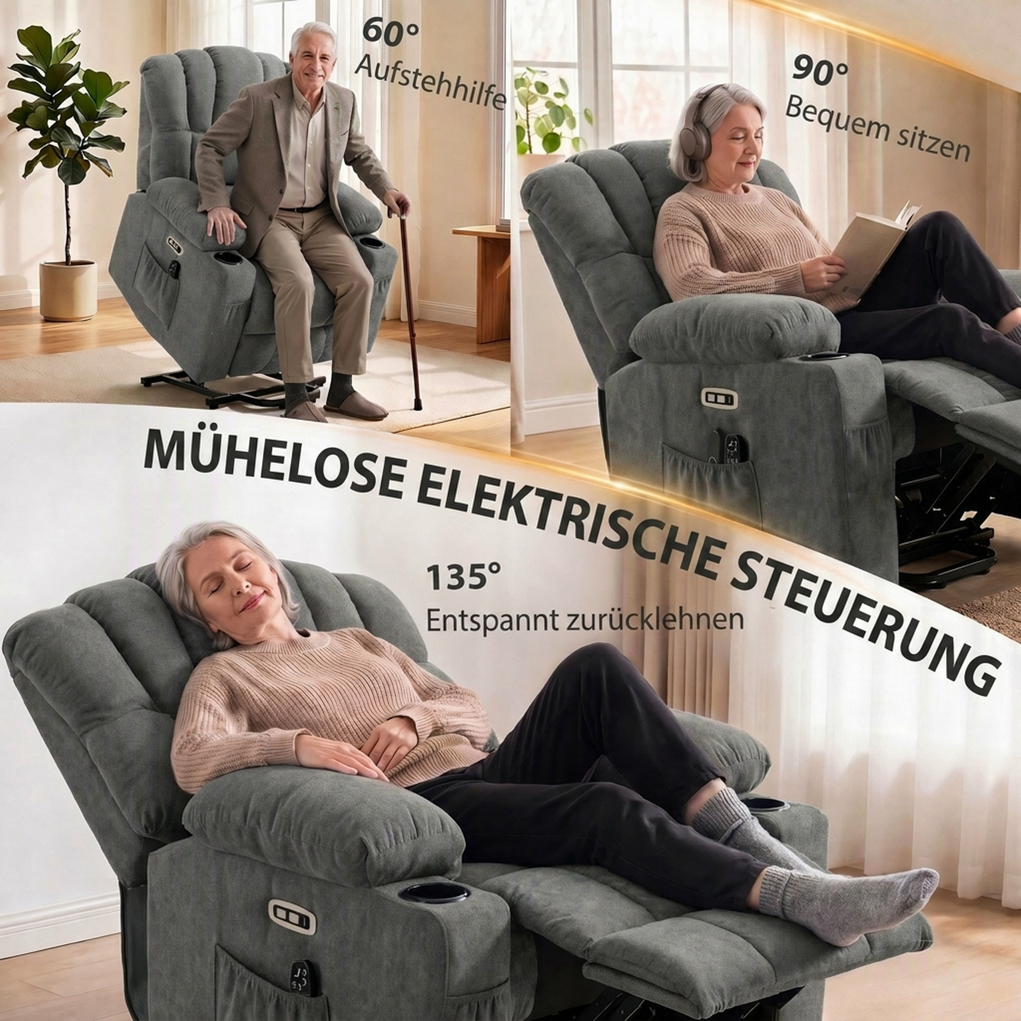 Elektrisks atgāžams atpūtas krēsls ar pacelšanas funkciju un masāžu, pelēks, 87 x 92 x 107 cm 3