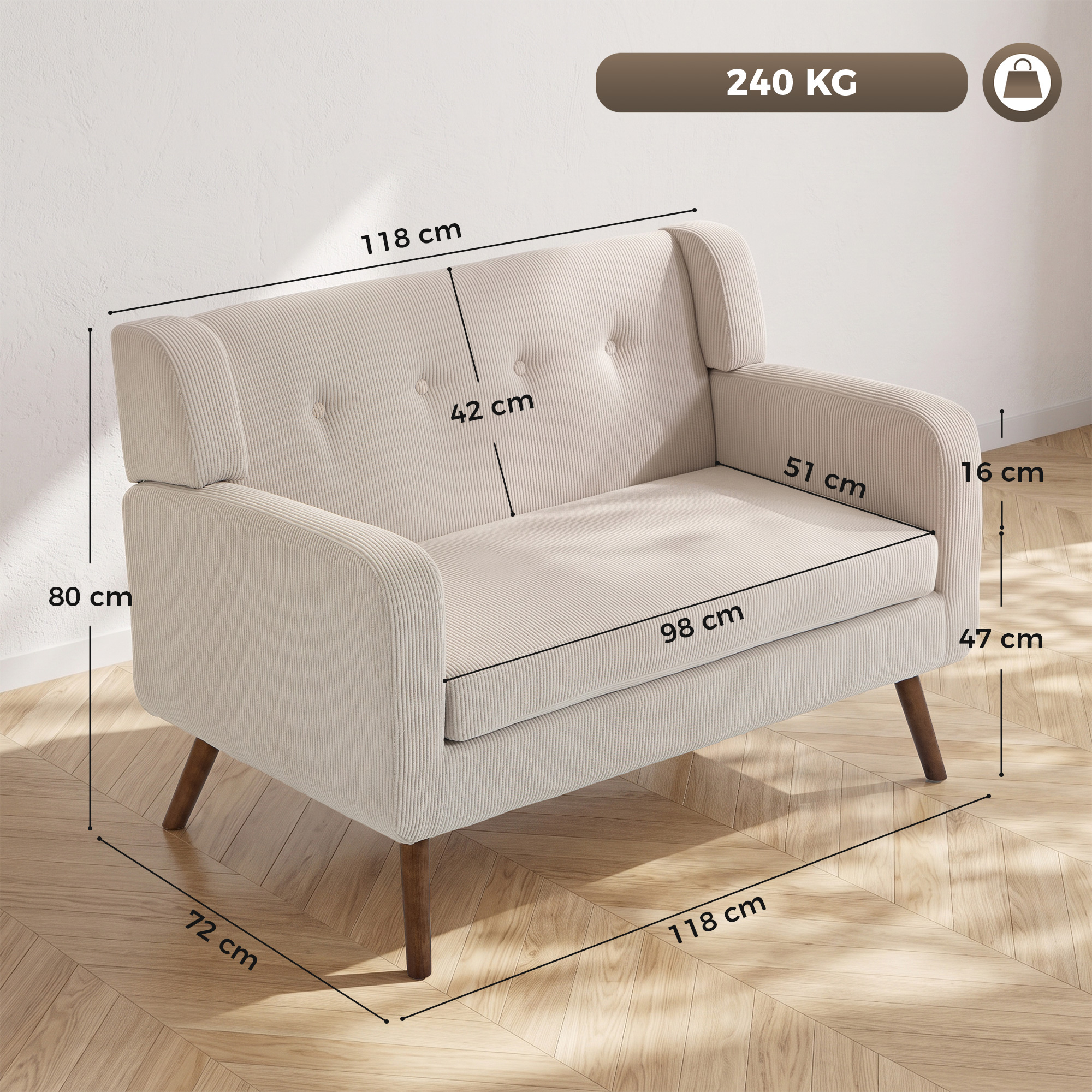 Dvivietė sofa su kišeninėmis spyruoklėmis ir velvetiniu audiniu, smėlinė/riešutmedžio, 118 × 72 × 80 cm 2