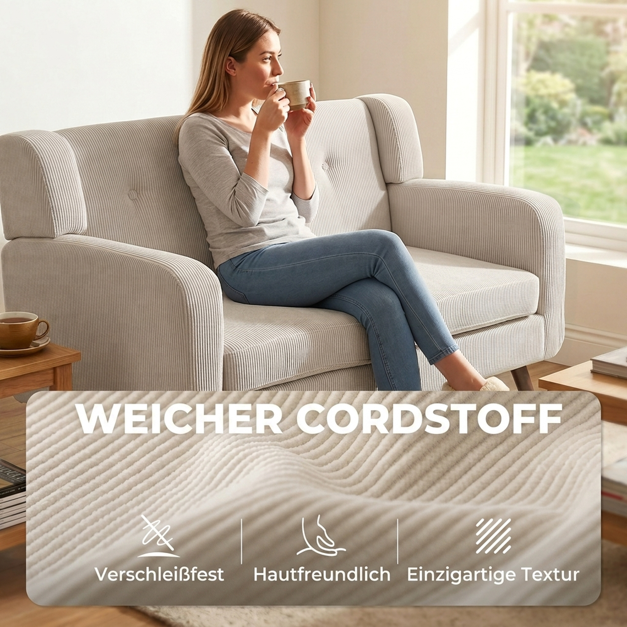 Dvivietė sofa su kišeninėmis spyruoklėmis ir velvetiniu audiniu, smėlinė/riešutmedžio, 118 × 72 × 80 cm 3