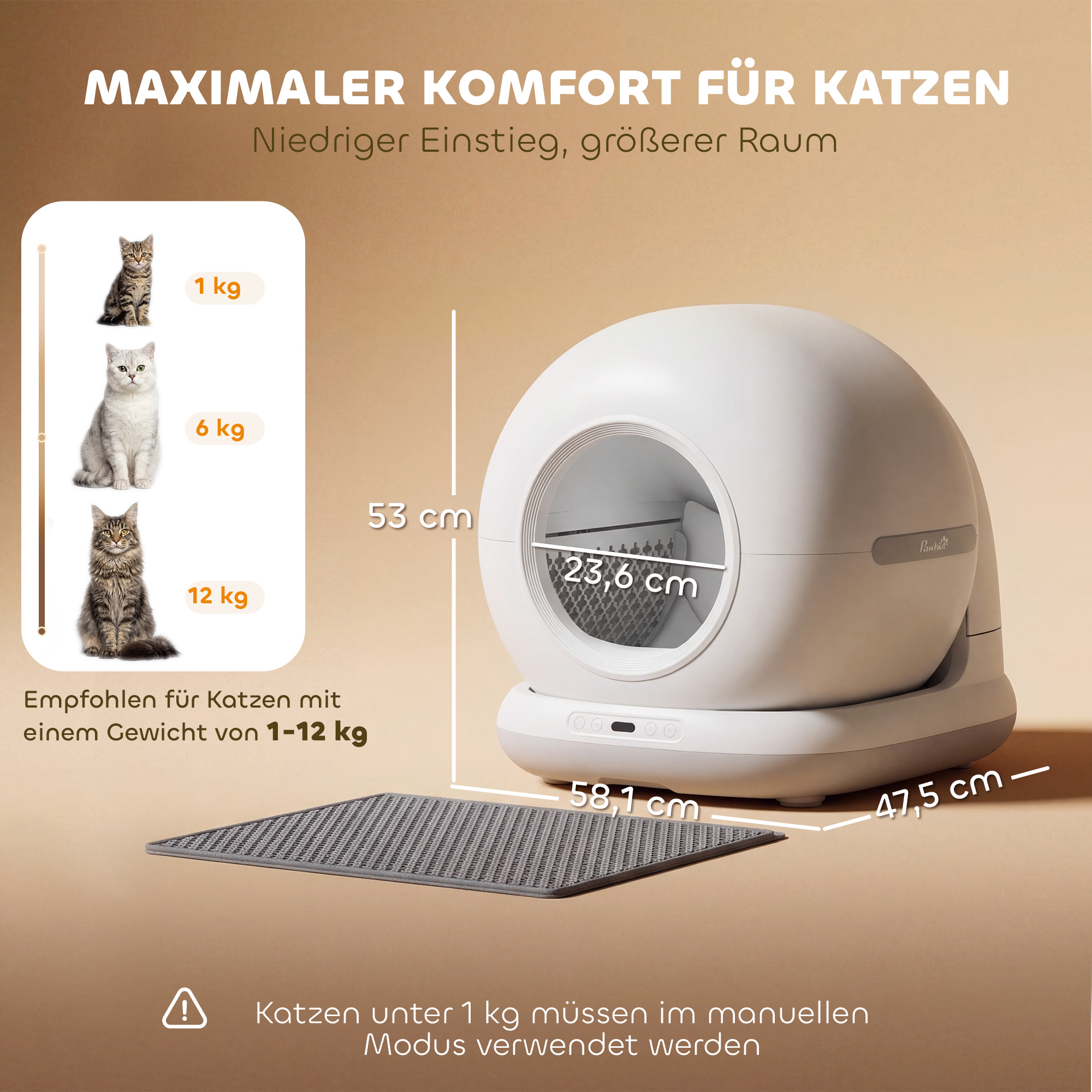 Savaime išsivalantis kačių tualetas su programėlės valdymu ir 1080p kamera, baltas/pilkas, 58,1 × 47,5 × 53 cm 2