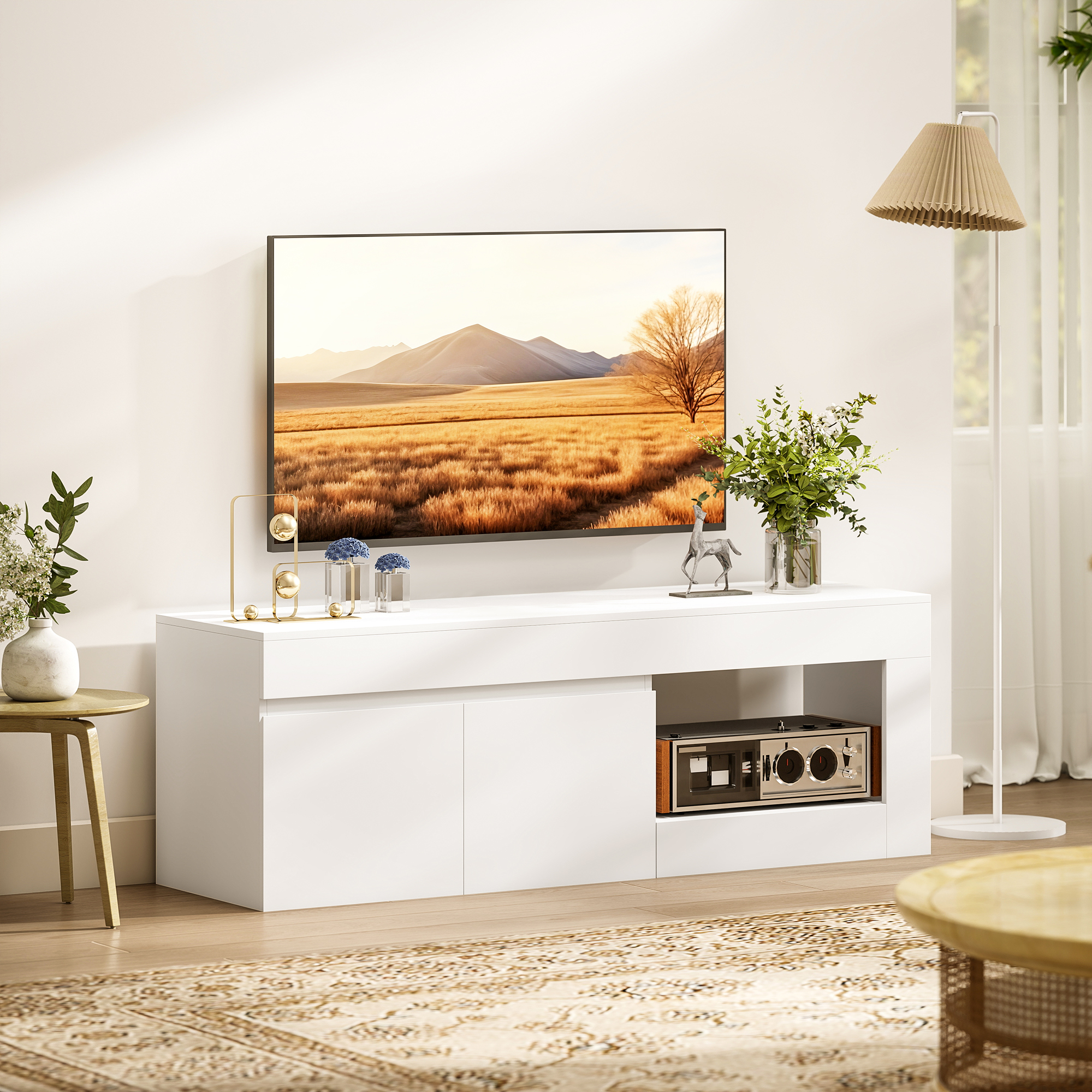 TV staliukas su 2 durelėmis ir atvira lentyna, baltas, 140 × 40 × 48 cm