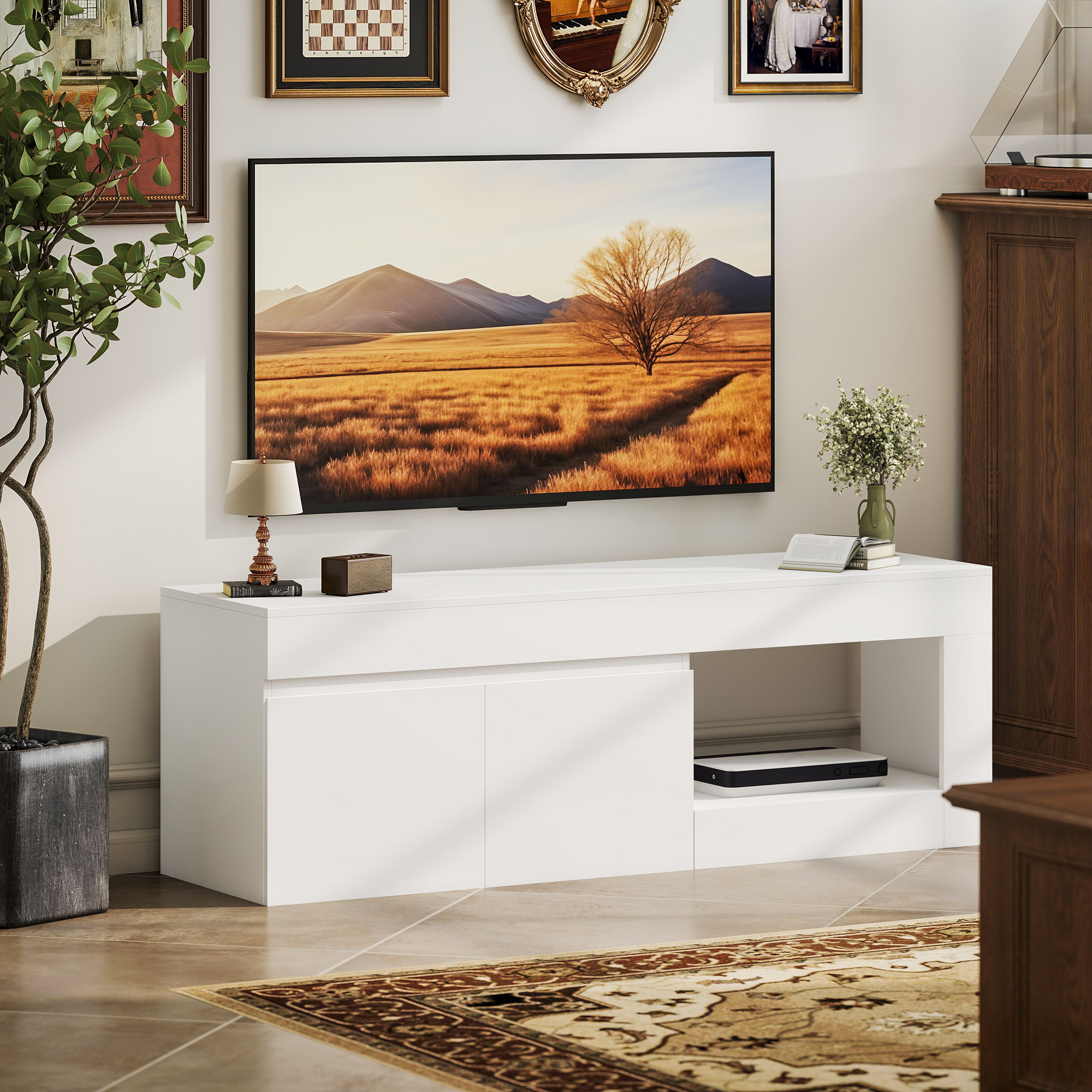 TV staliukas su 2 durelėmis ir atvira lentyna, baltas, 140 × 40 × 48 cm 3