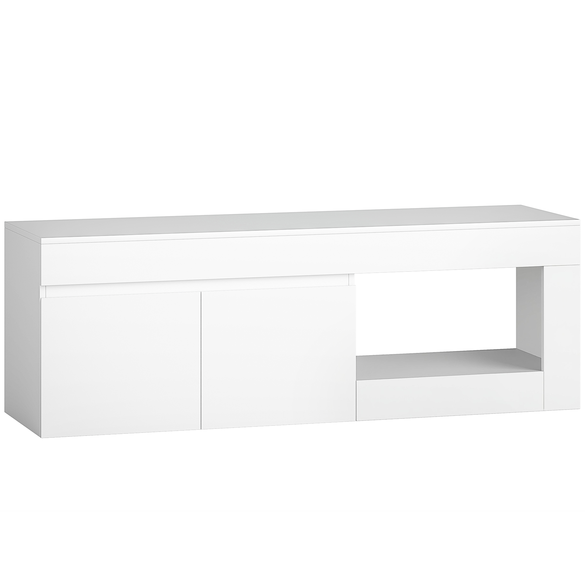 TV staliukas su 2 durelėmis ir atvira lentyna, baltas, 140 × 40 × 48 cm
