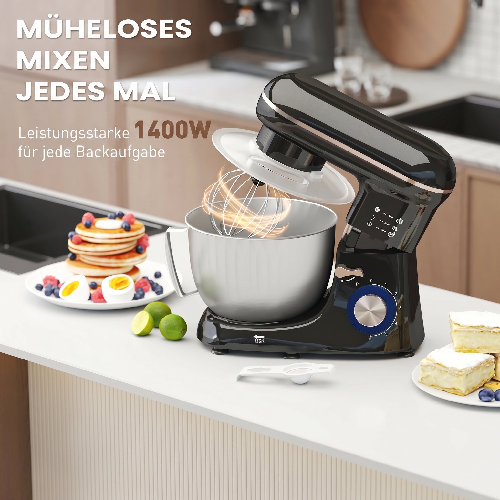 Virtuvinis maišytuvas 1300 W, 4,5 l, juodos ir rožinio aukso spalvų, 35 × 22 × 29 cm 3