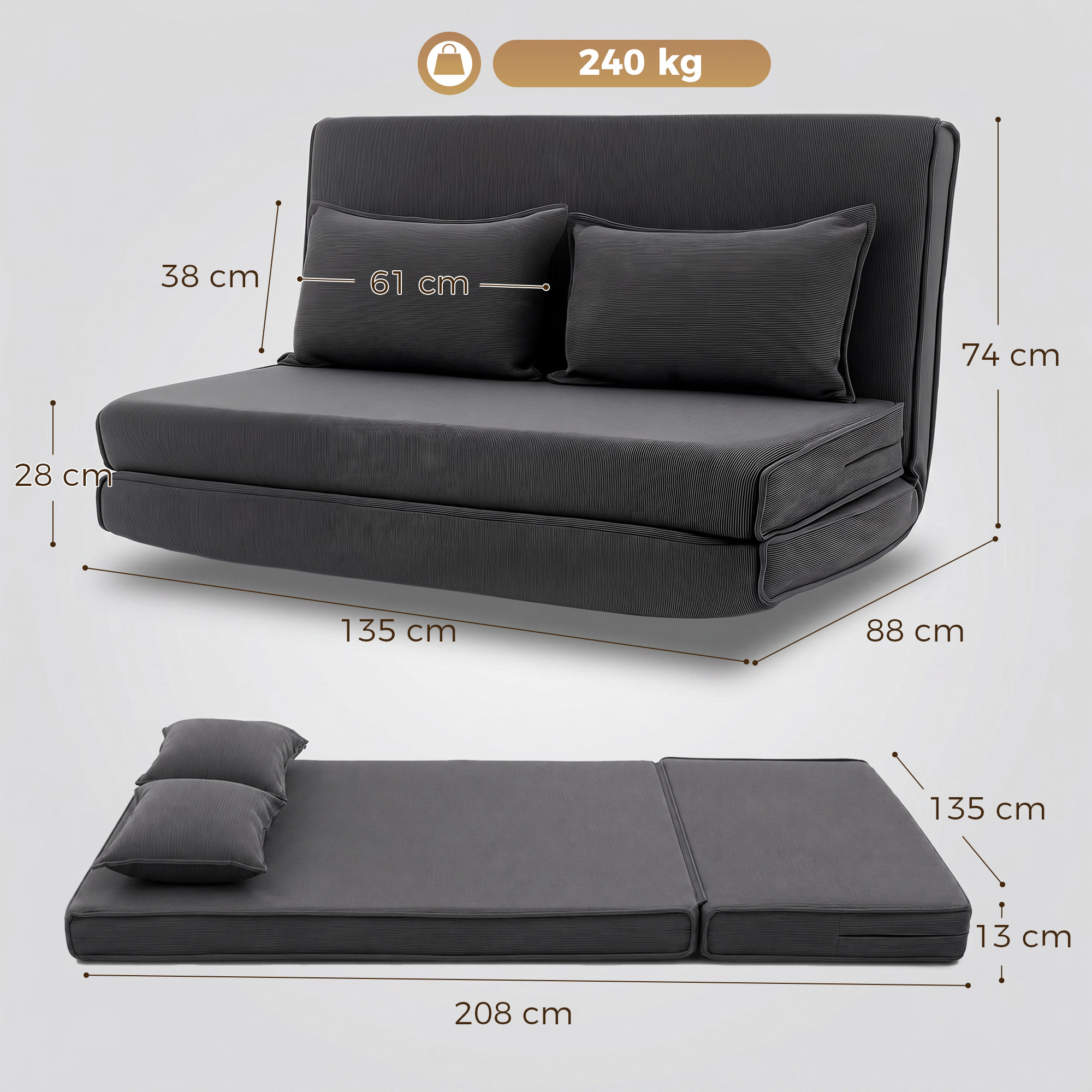 Fotelis-lova 3 in 1, 5 padėčių atlošas, tamsiai pilkas, 135 × 88 × 74 cm 2
