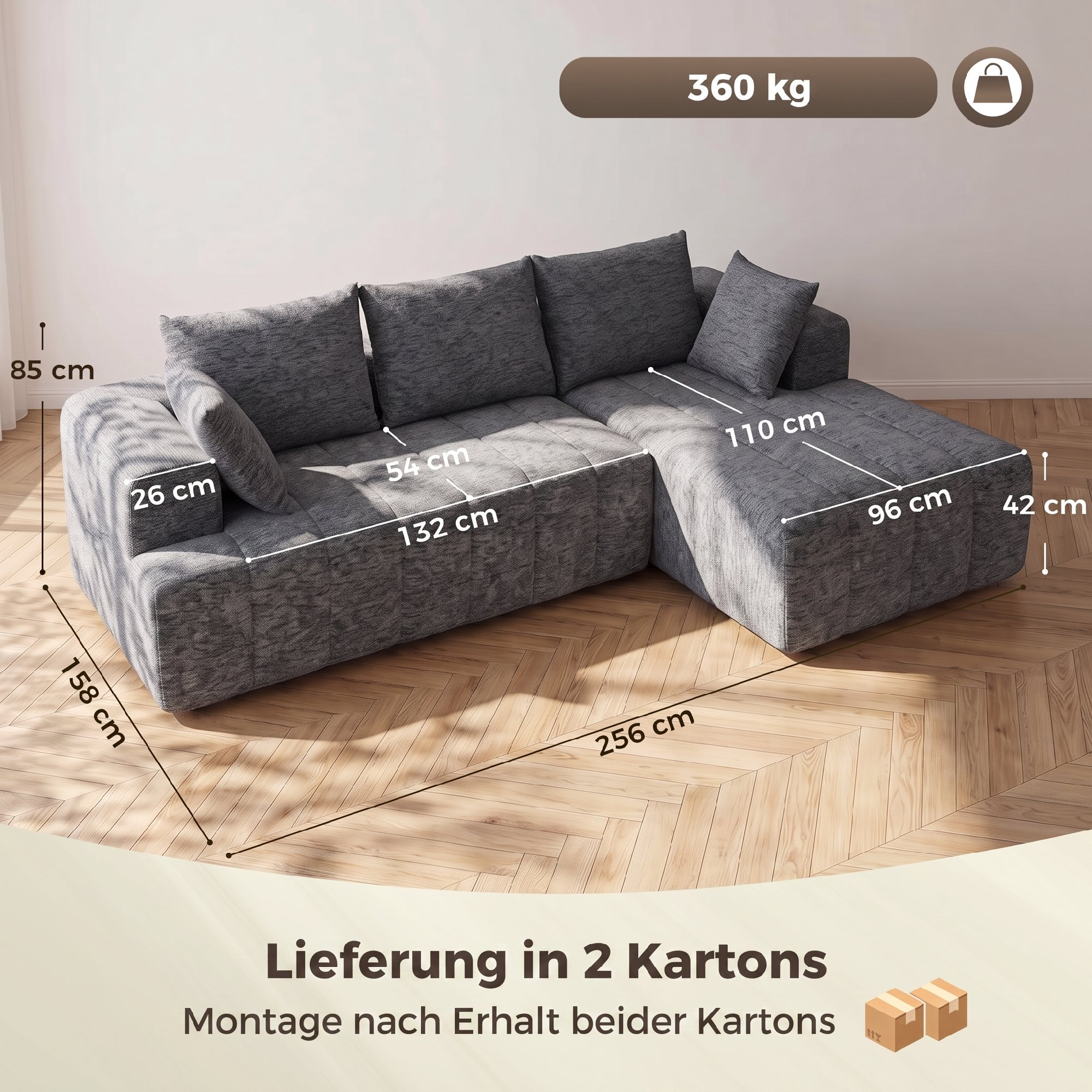 Kampinė sofa-lova su kišeninėmis spyruoklėmis, pilka, 256 × 158 × 85 cm 2