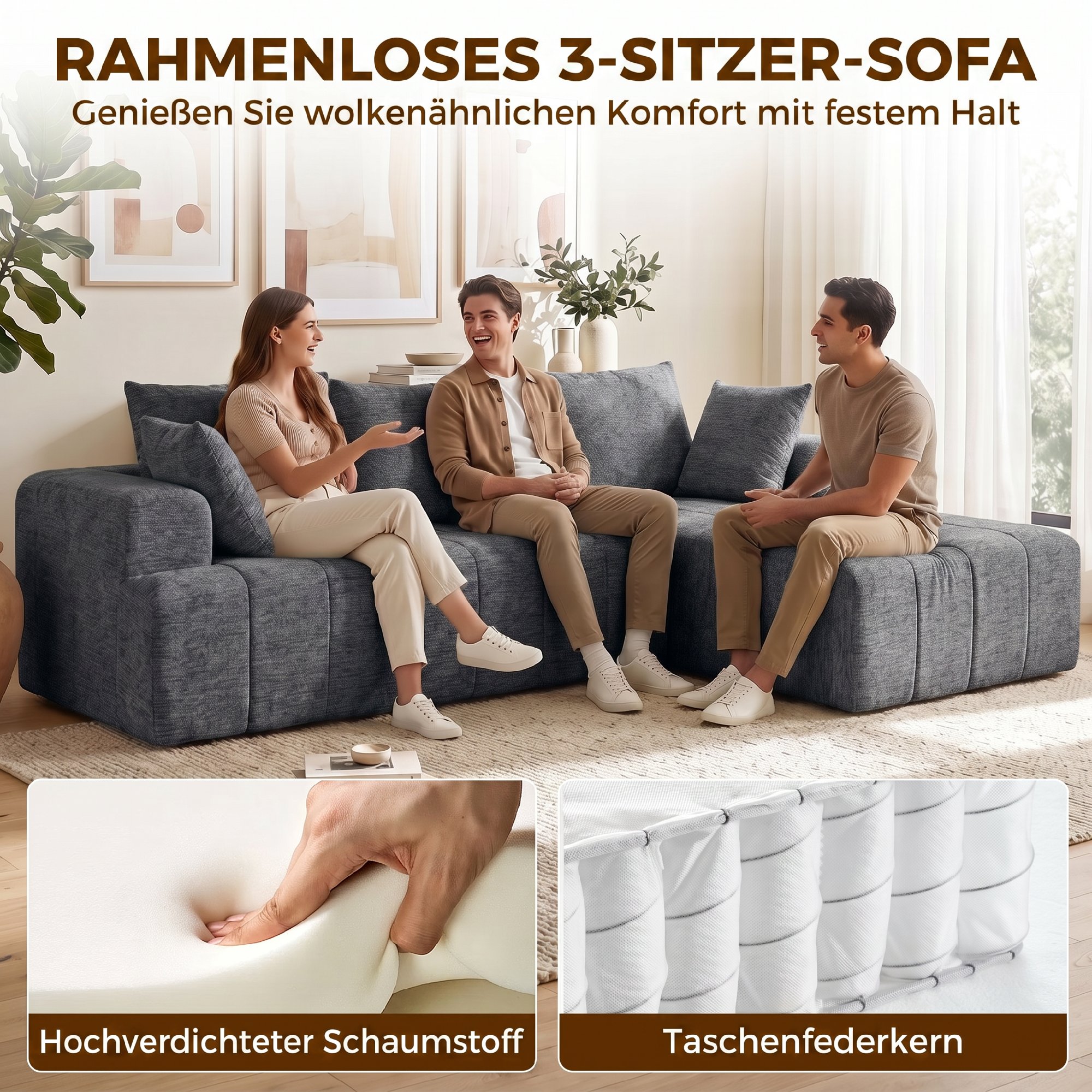 Kampinė sofa-lova su kišeninėmis spyruoklėmis, pilka, 256 × 158 × 85 cm 3
