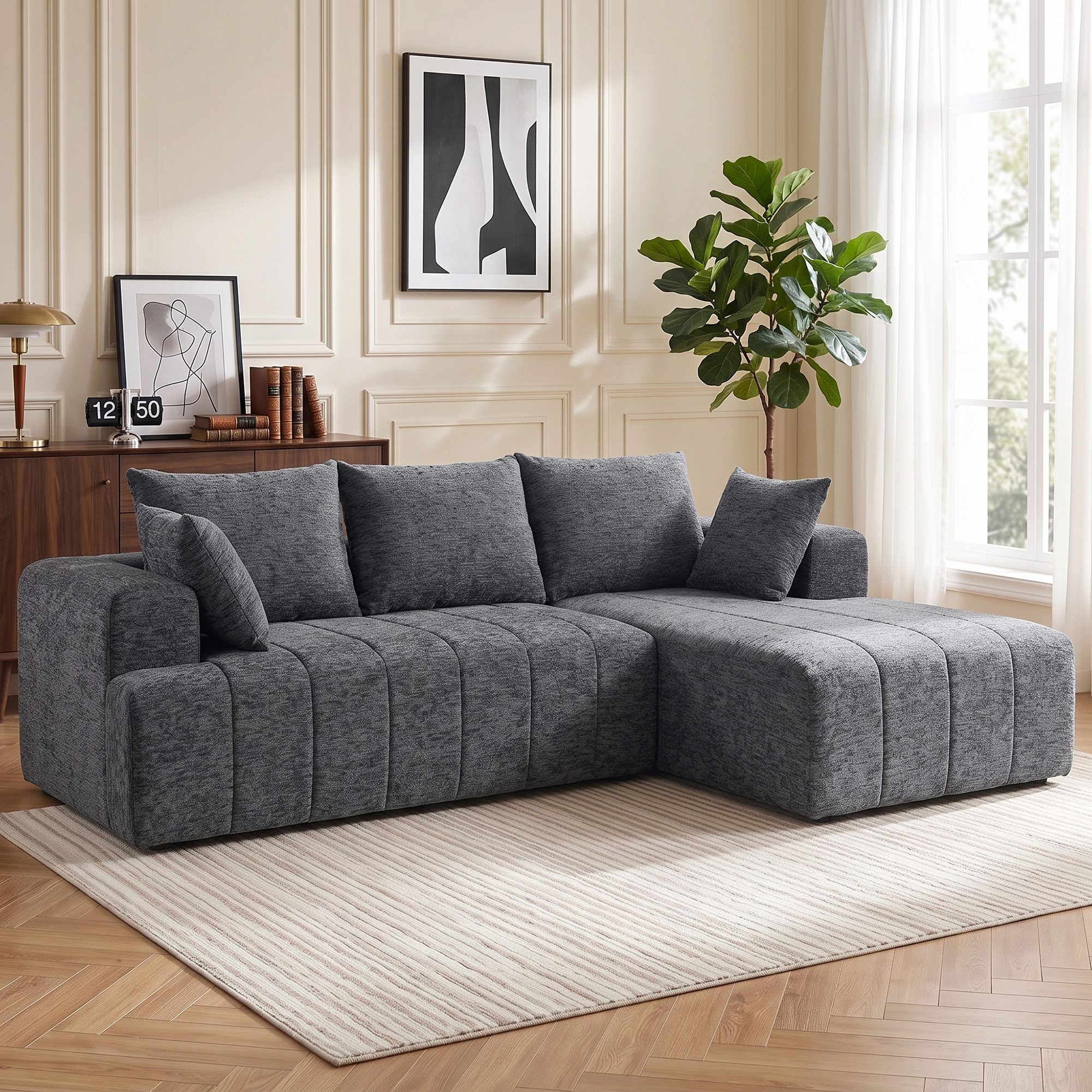 Kampinė sofa-lova su kišeninėmis spyruoklėmis, pilka, 256 × 158 × 85 cm