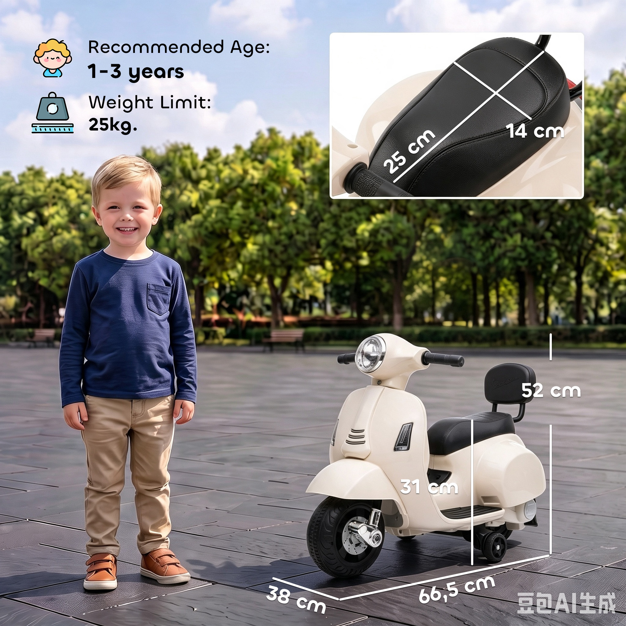 Vaikiškas elektromotociklas Mini Vespa GTS dizaino, su ličio akumuliatoriumi, baltas, 66,5 × 38 × 52 cm 2