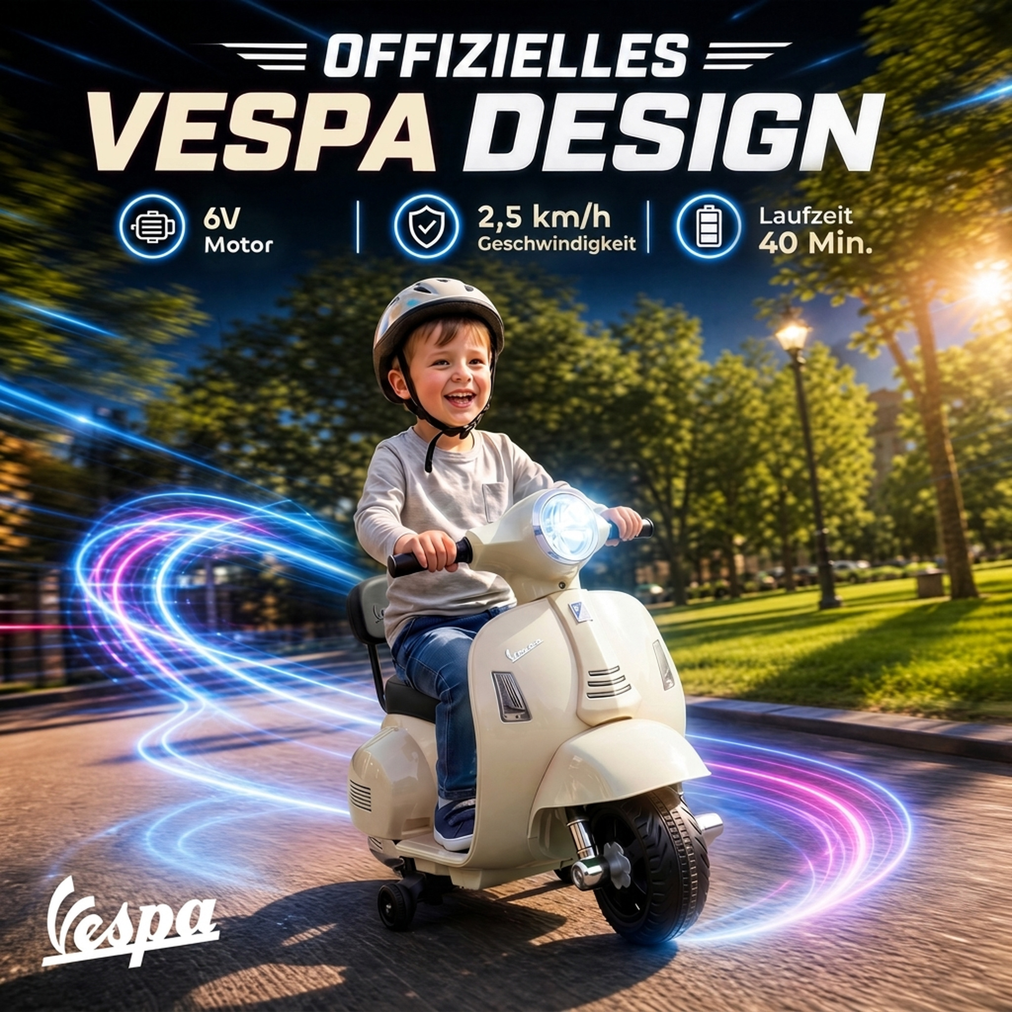 Vaikiškas elektromotociklas Mini Vespa GTS dizaino, su ličio akumuliatoriumi, baltas, 66,5 × 38 × 52 cm 3