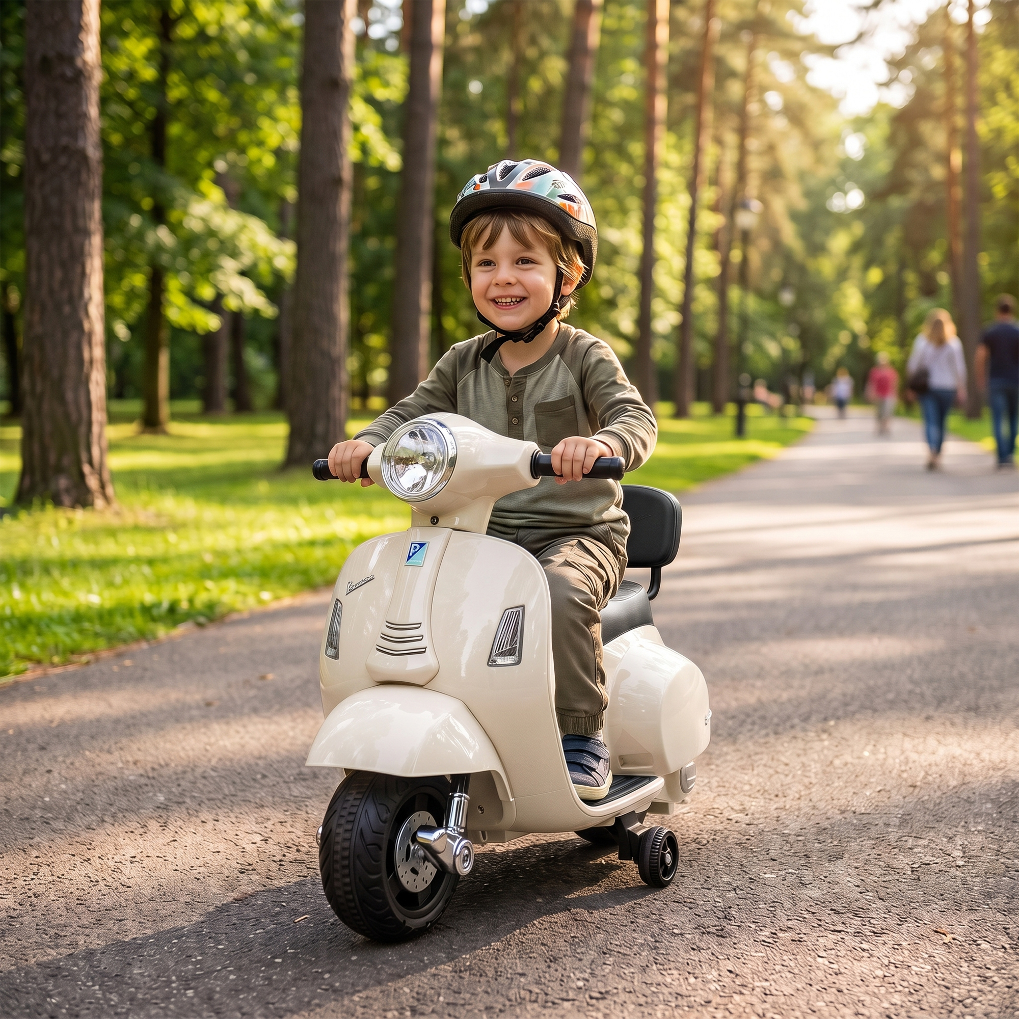 Vaikiškas elektromotociklas Mini Vespa GTS dizaino, su ličio akumuliatoriumi, baltas, 66,5 × 38 × 52 cm