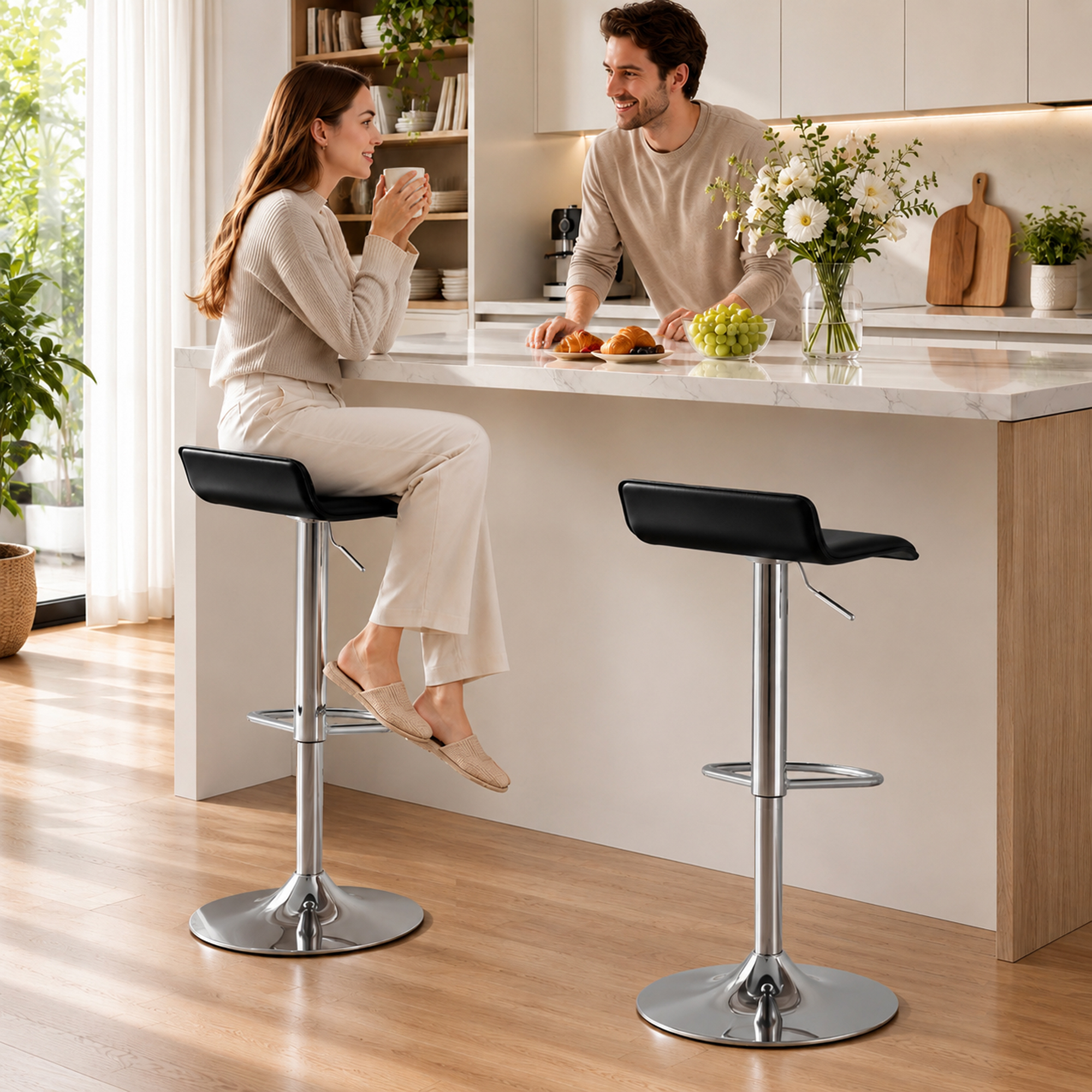 Bāra krēsls ar regulējamu augstumu un 360° rotāciju, melns, 38 × 38 × 62–83 cm