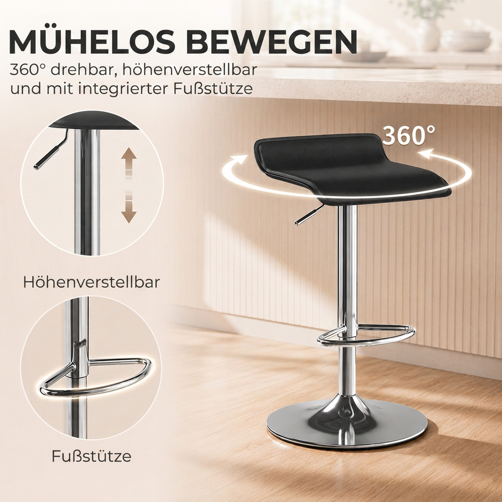 Bāra krēsls ar regulējamu augstumu un 360° rotāciju, melns, 38 × 38 × 62–83 cm 3
