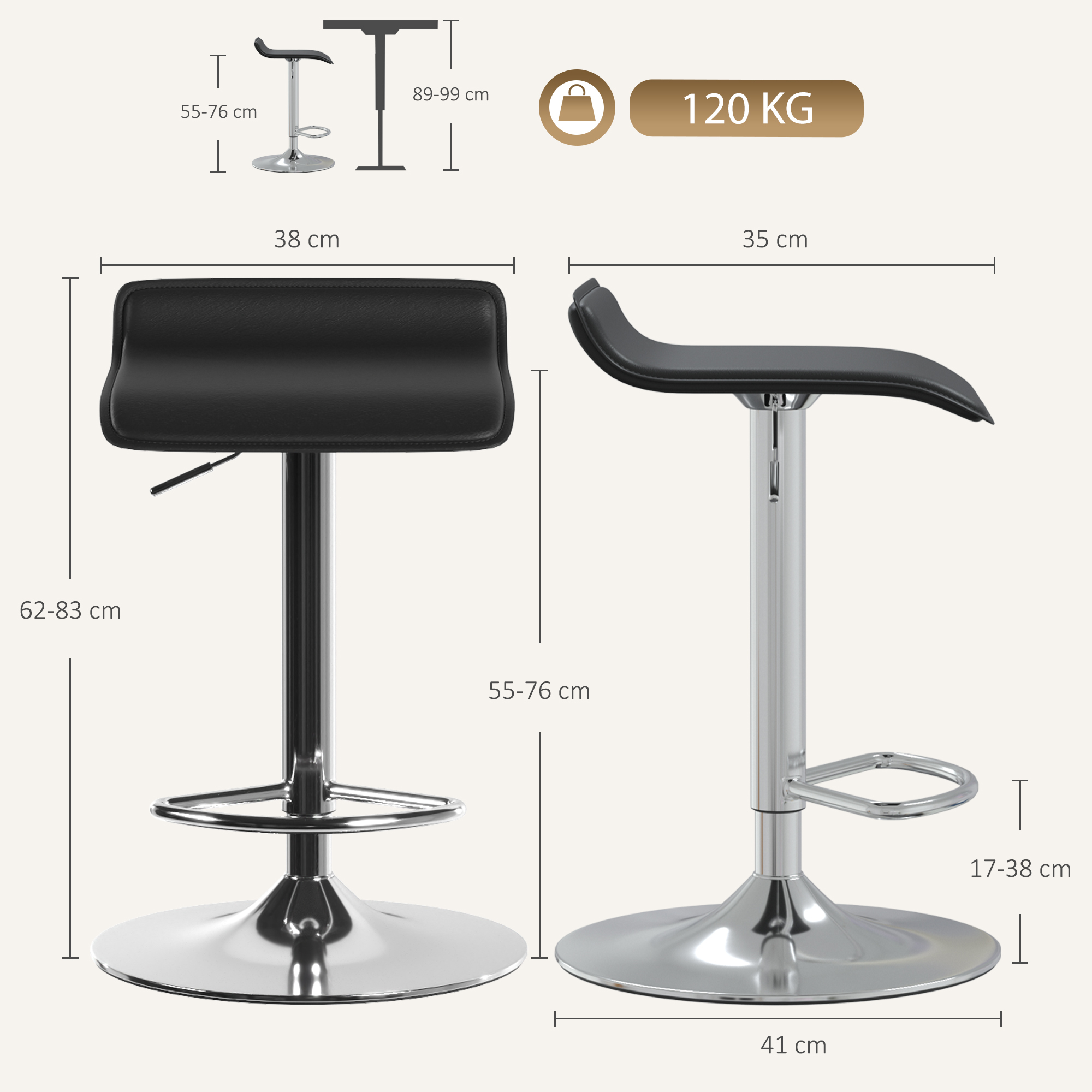 Bāra krēsls ar regulējamu augstumu un 360° rotāciju, melns, 38 × 38 × 62–83 cm 2