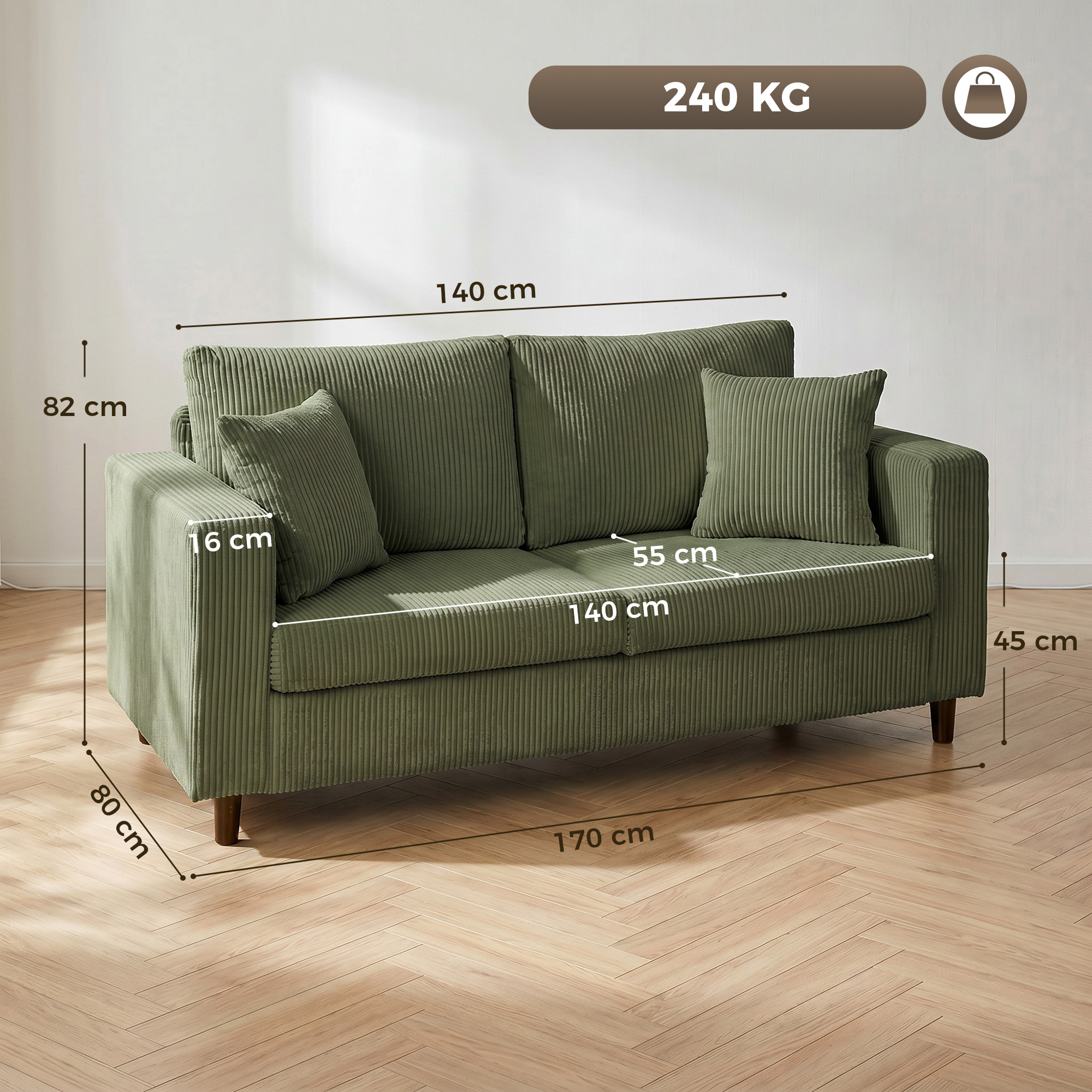 Dvivietė velvetinė sofa su kišeninėmis spyruoklėmis, žalia ir juoda, 170 × 80 × 82 cm 2