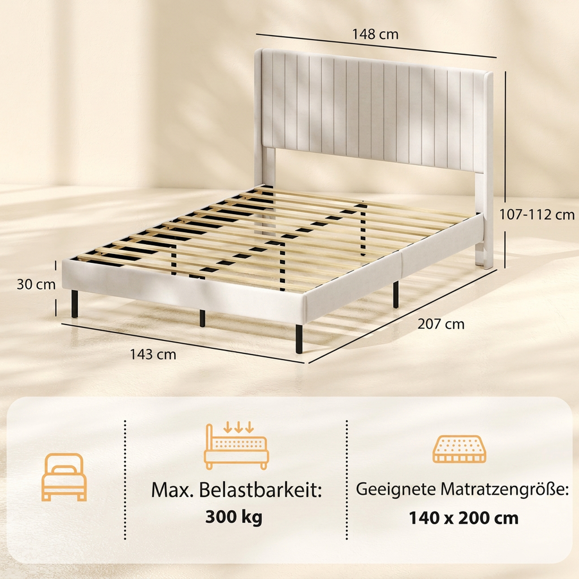 Gultas rāmis ar regulējamu galvgali un 12 finiera latām, smilškrāsas, 207 × 148 × 107–112 cm 2