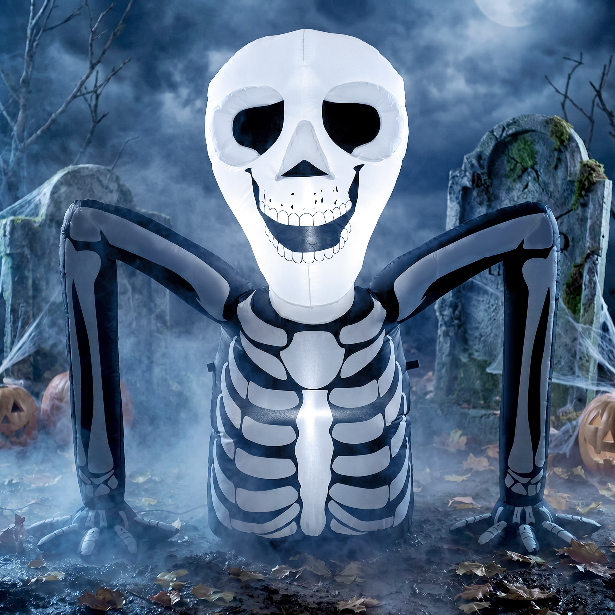 Pripučiamas Helovino skeletas, ropojantis, su LED apšvietimu, juodos ir baltos spalvos, 153 x 53 x 142 cm