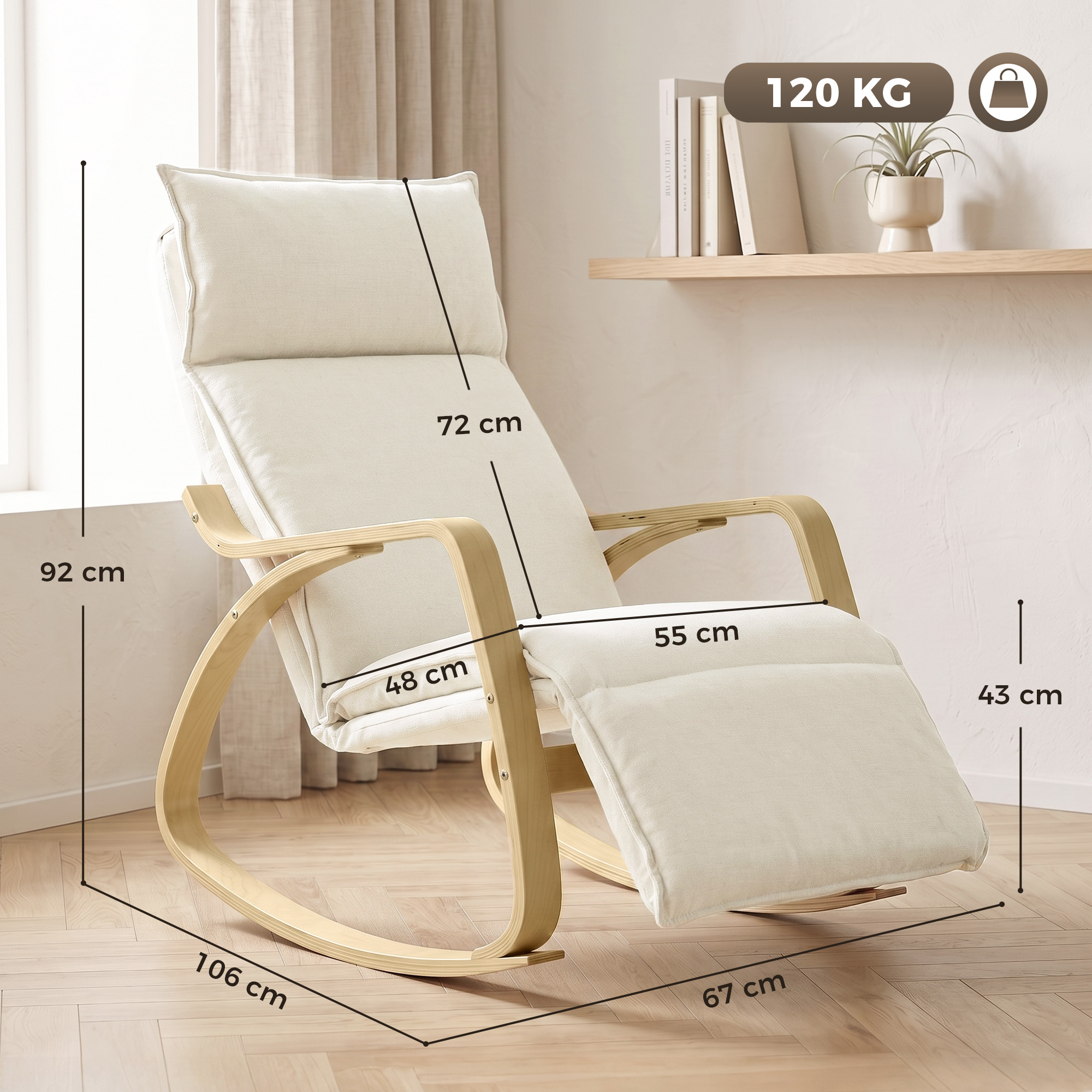 Supamoji kėdė su 5 padėčių kojų atrama ir 105° supimu, kreminės baltos spalvos, 67 × 106 × 92 cm 2