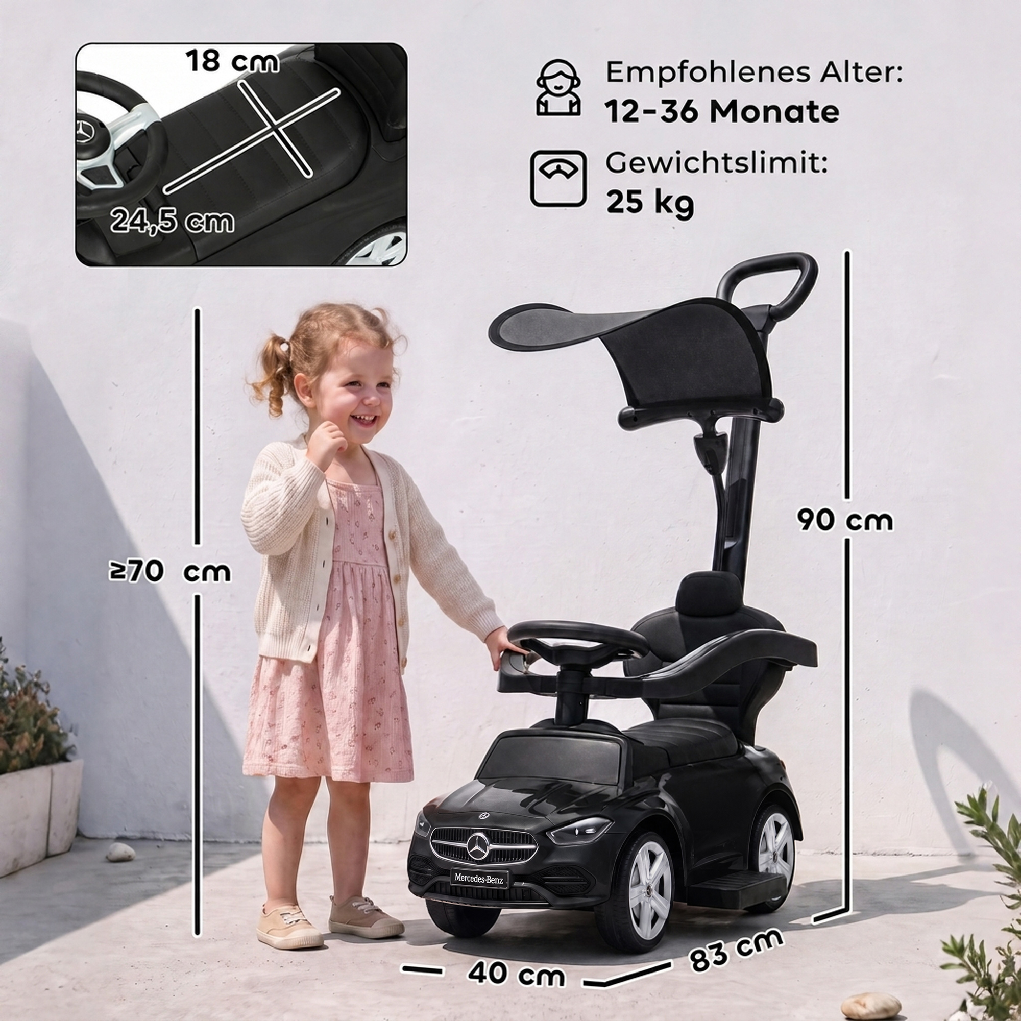 Paspiriama mašinėlė 3 viename, licencijuoto „Mercedes-Benz“ dizaino, juoda, 83 × 40 × 90 cm 2