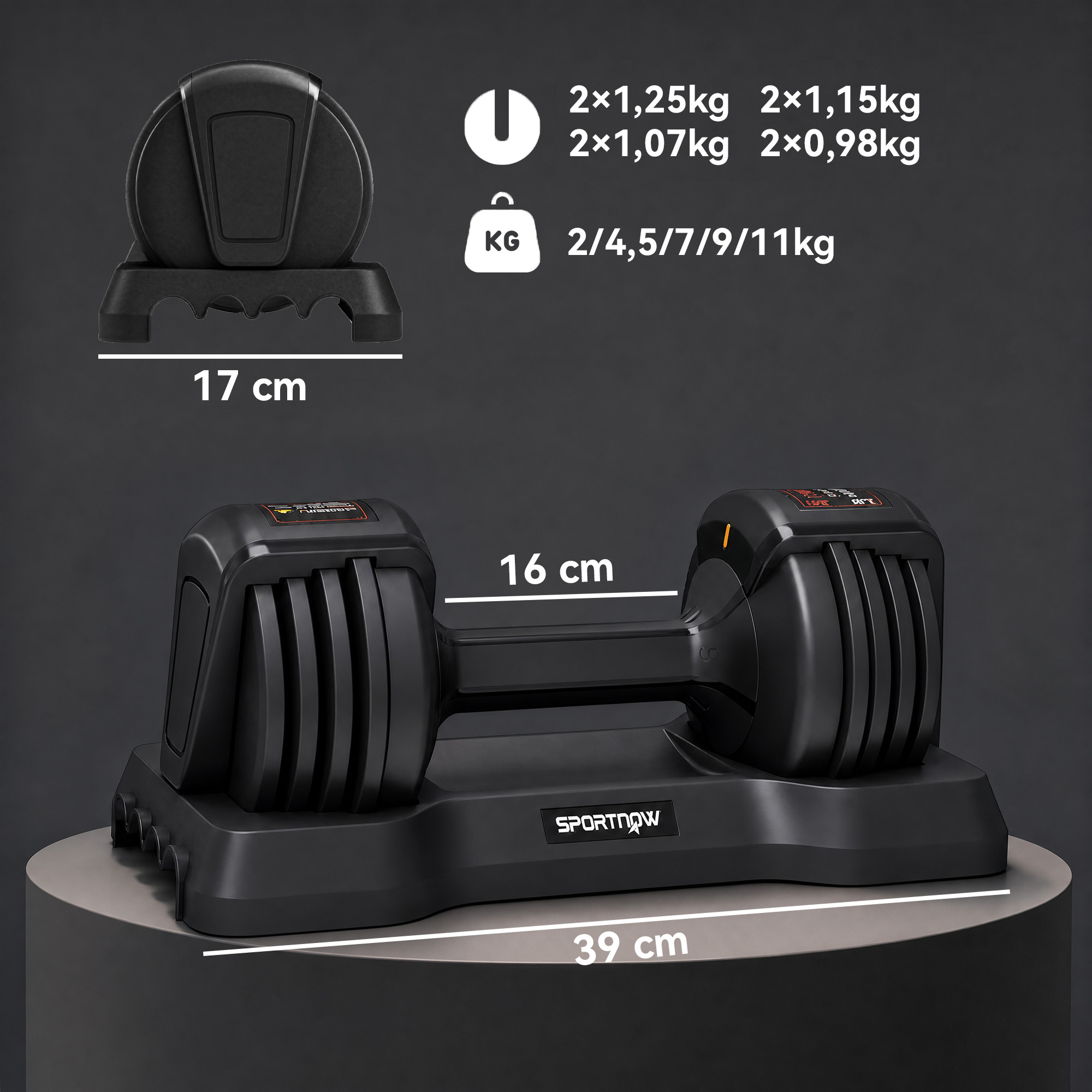 Reguliuojamas hantelis 2–11 kg, juodas, 39 × Ø14,5 cm 2