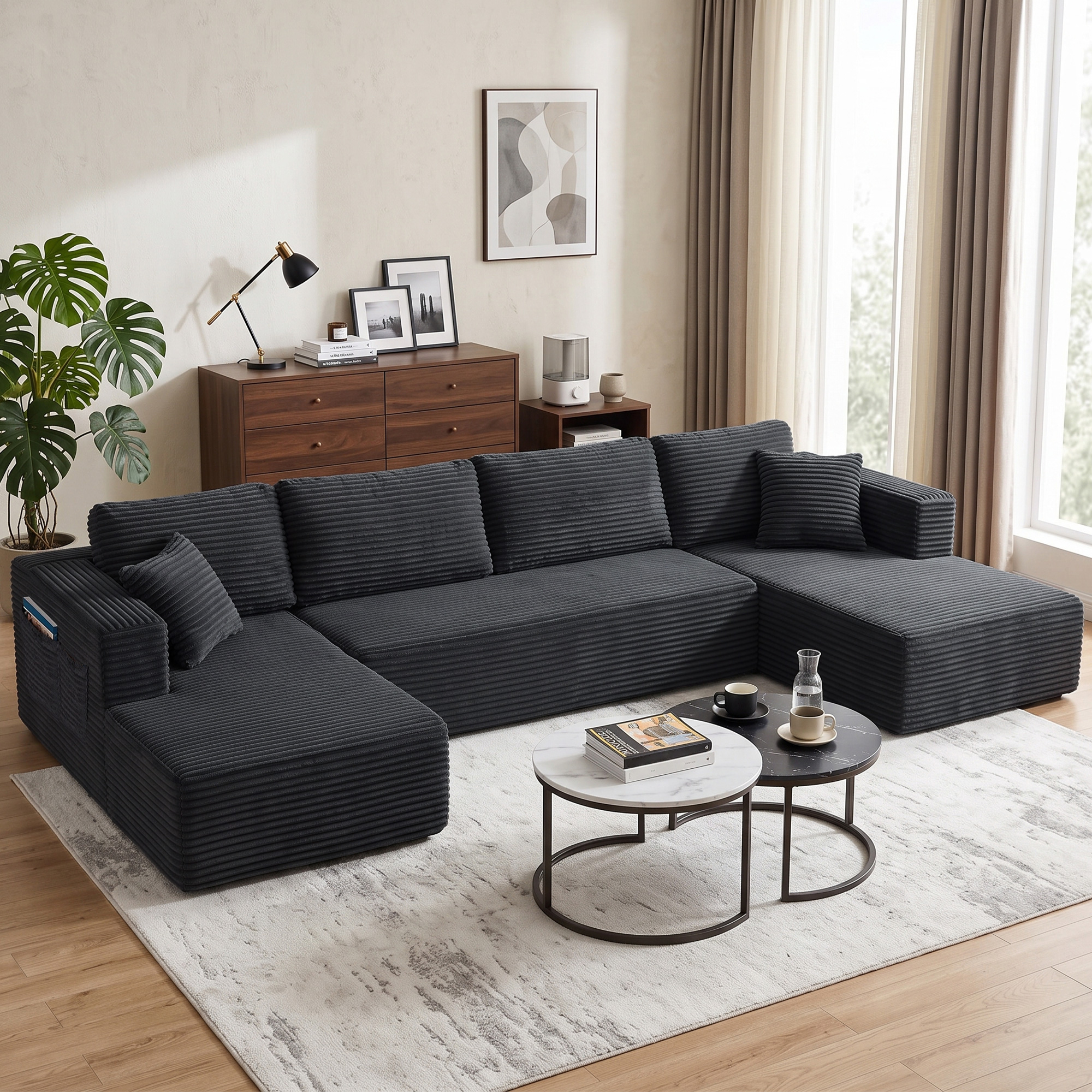 Sofa-lova, modulinė U formos, tamsiai pilka, 369 × 152 × 78 cm