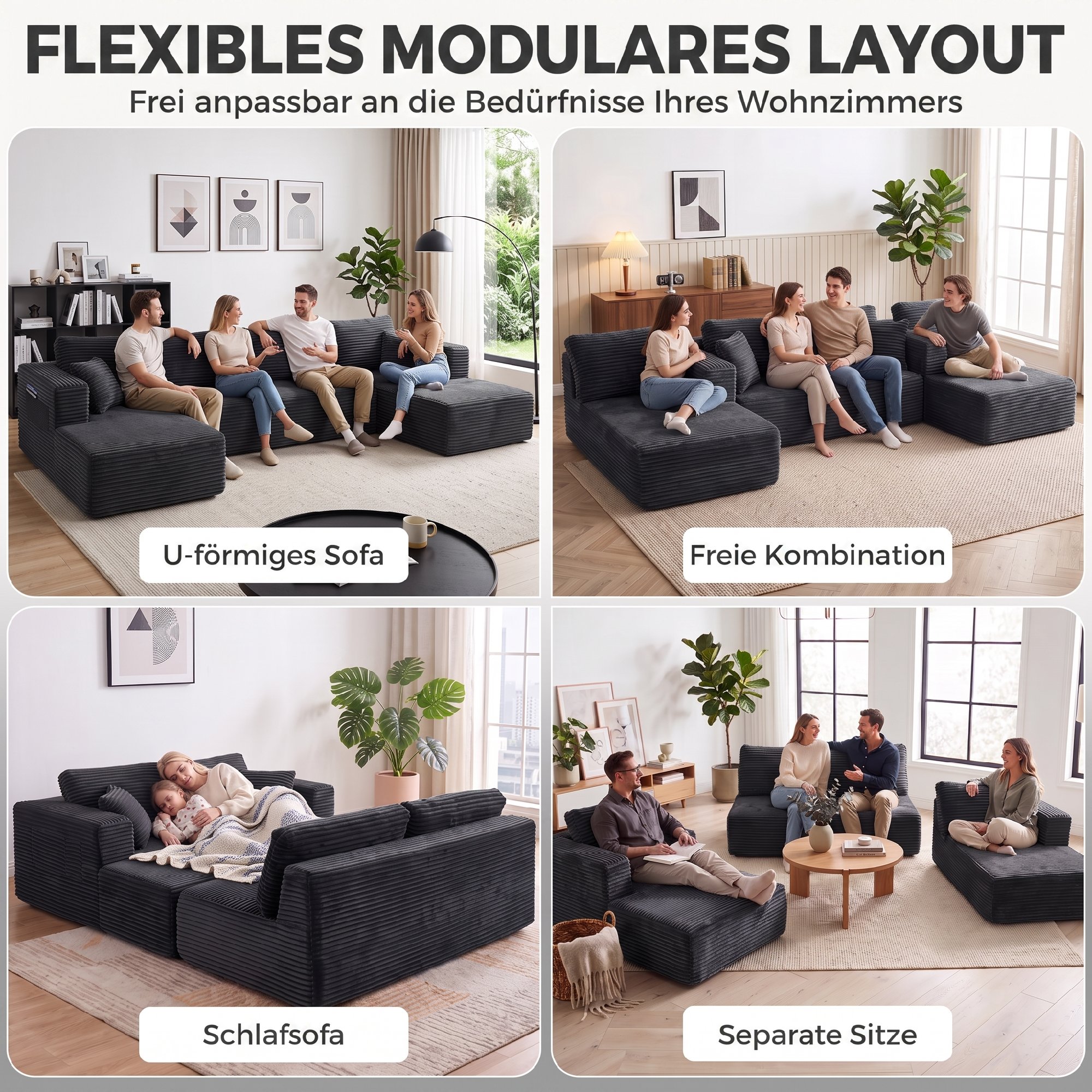 Sofa-lova, modulinė U formos, tamsiai pilka, 369 × 152 × 78 cm 3