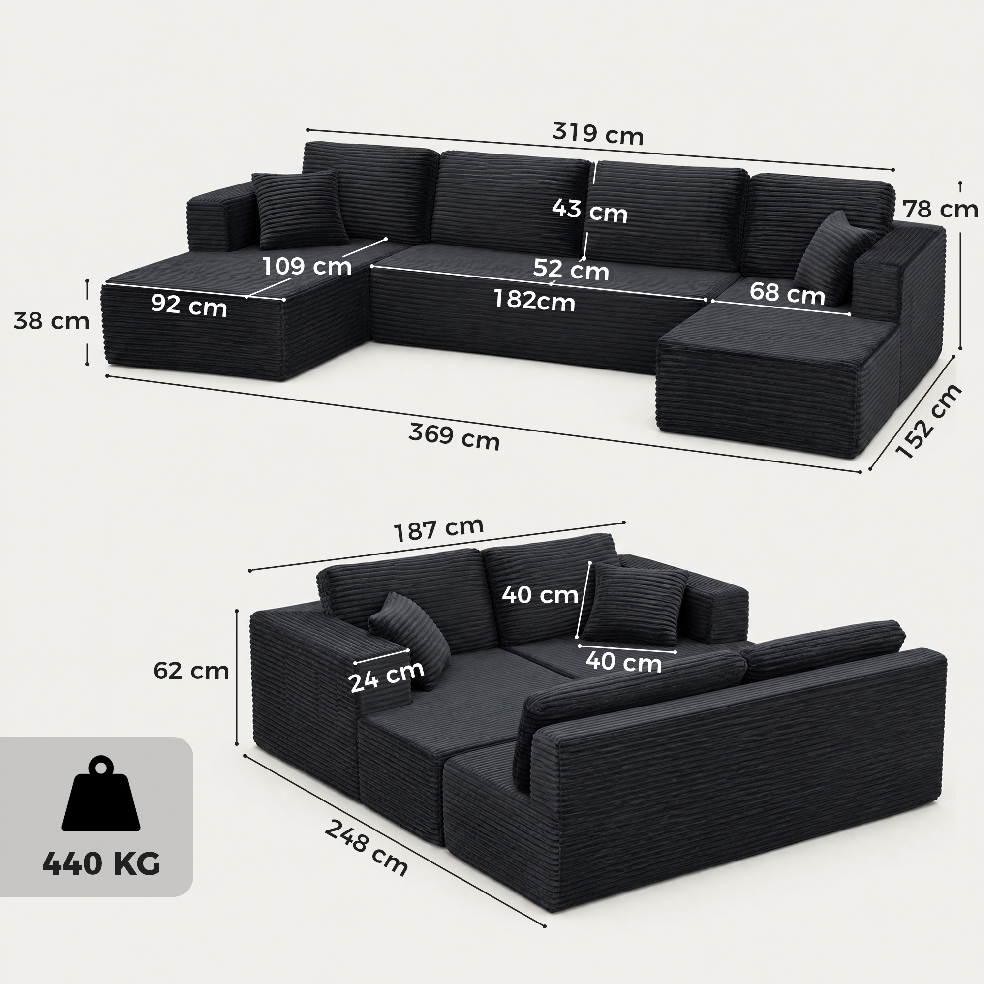 Sofa-lova, modulinė U formos, tamsiai pilka, 369 × 152 × 78 cm 2