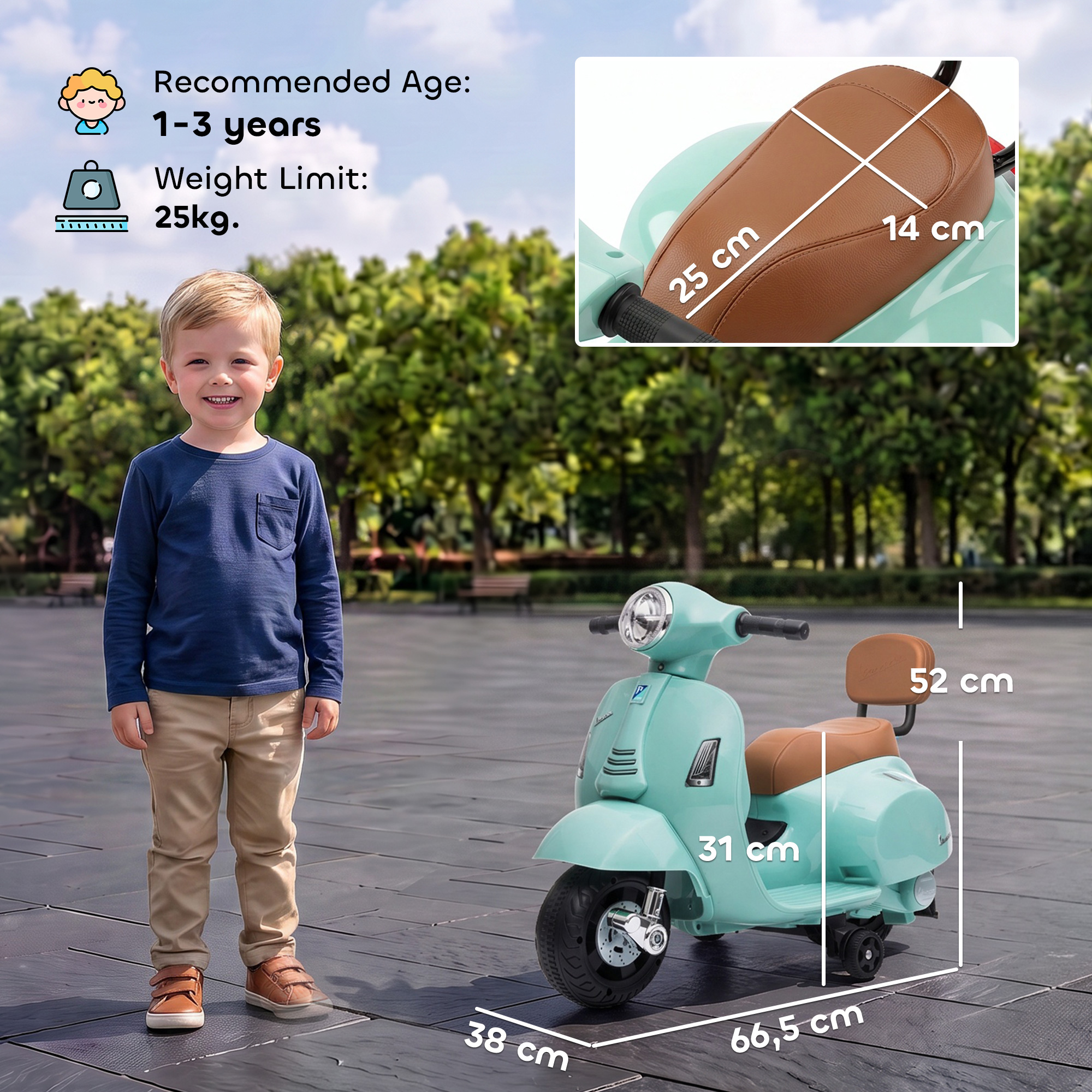 Elektrinis vaikiškas motociklas Mini Vespa GTS dizaino, su atraminiais ratukais, žalias, 66,5 × 38 × 52 cm 2