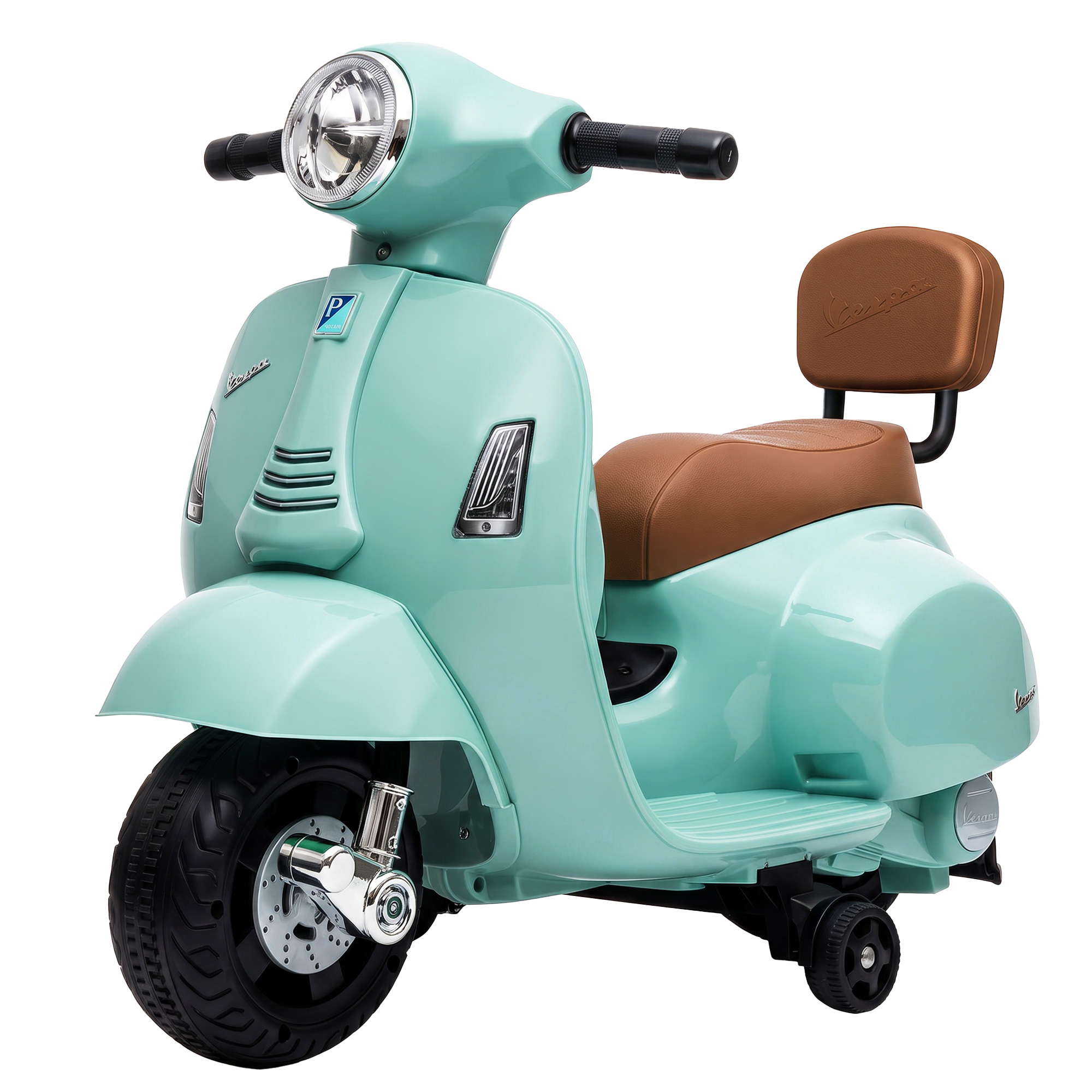Elektrinis vaikiškas motociklas Mini Vespa GTS dizaino, su atraminiais ratukais, žalias, 66,5 × 38 × 52 cm