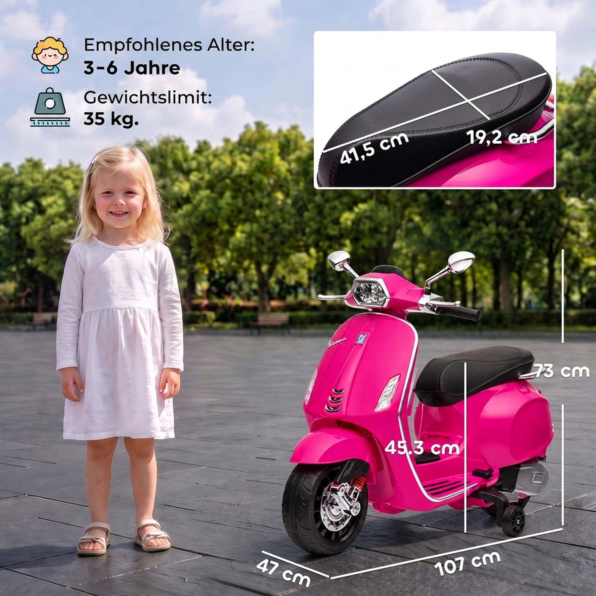 Vaikiškas elektrinis motociklas, licencijuotas Vespa, rožinis, 107 × 47 × 73 cm 2