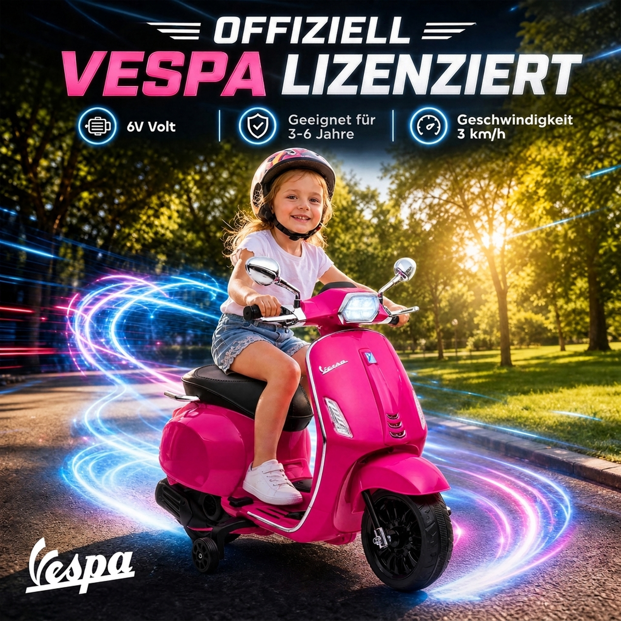 Vaikiškas elektrinis motociklas, licencijuotas Vespa, rožinis, 107 × 47 × 73 cm 3