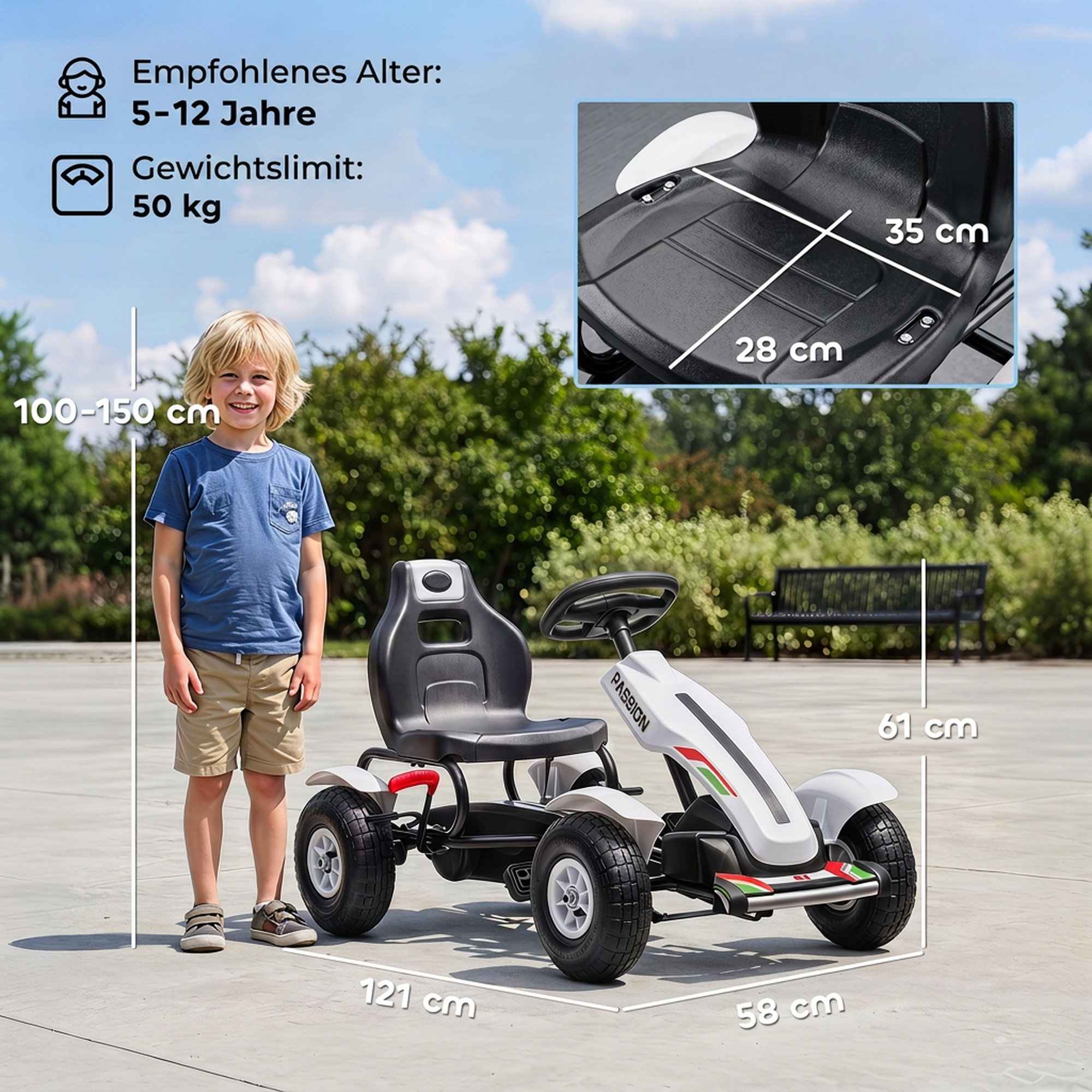 Pedalinis kartingas su rankiniu stabdžiu ir reguliuojama sėdyne, baltas, 121 × 58 × 61 cm 2