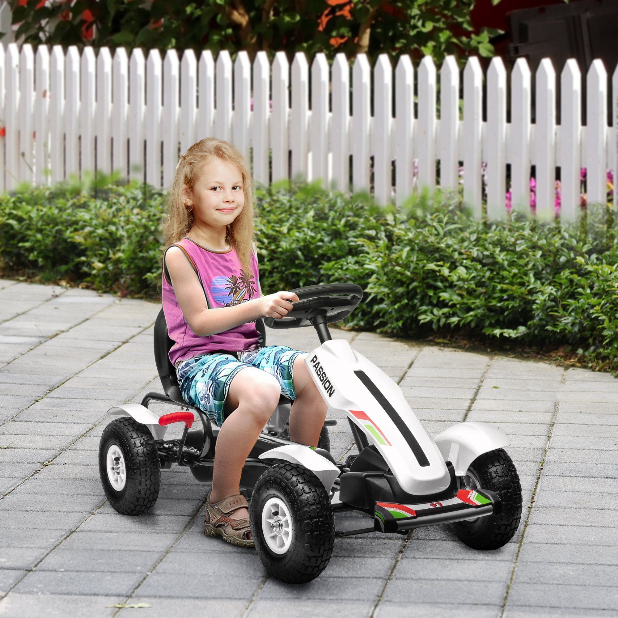 Pedalinis kartingas su rankiniu stabdžiu ir reguliuojama sėdyne, baltas, 121 × 58 × 61 cm